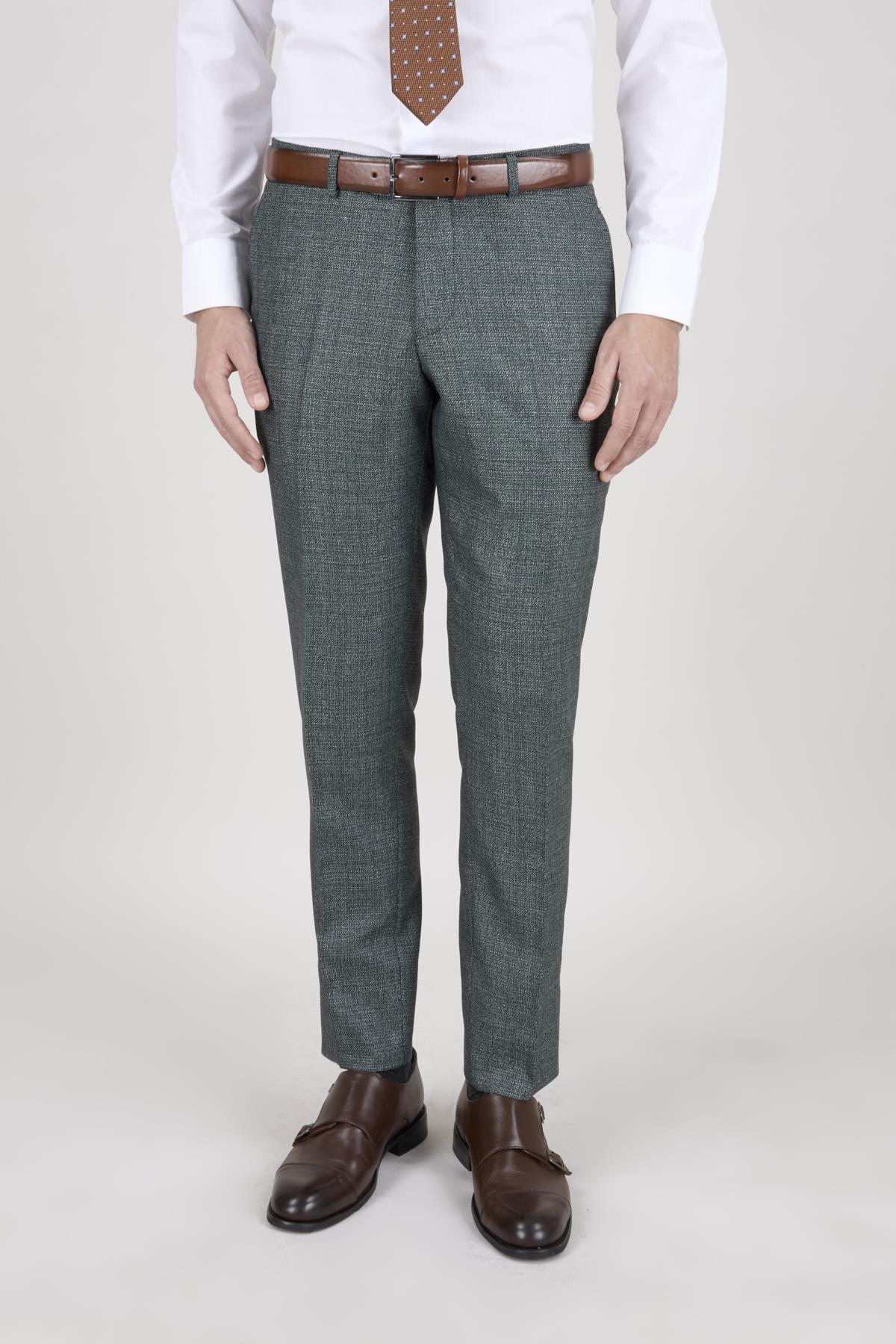 Erkek Slim Fit Sivri Yaka Yeşil Ekose Kombin Yelekli Takım Elbise