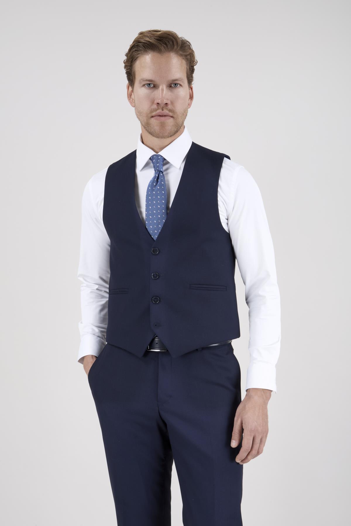 Erkek Slim Fit Sivri Yaka Lacivert Ekose Yelekli Kombin Takım Elbise
