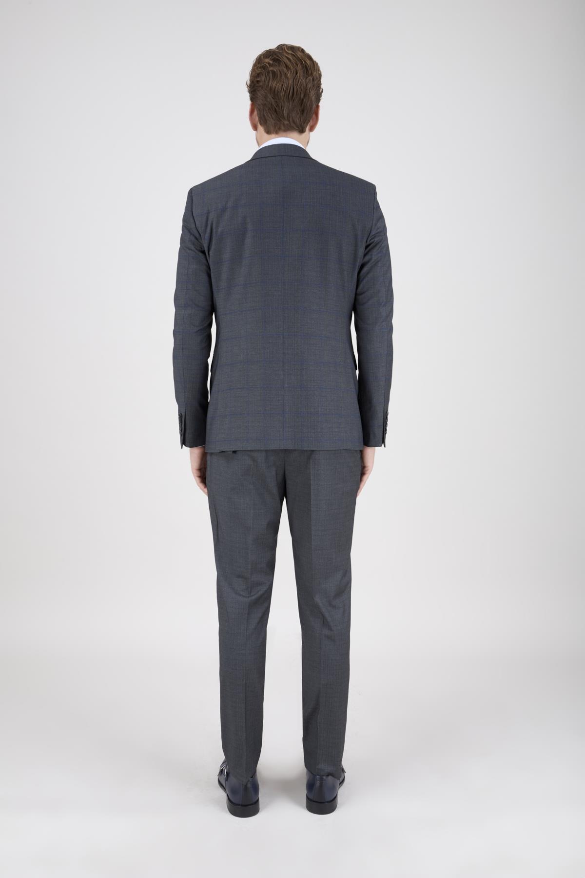 Erkek Slim Fit Sivri Yaka Gri Ekose Kombin Yelekli Takım Elbise