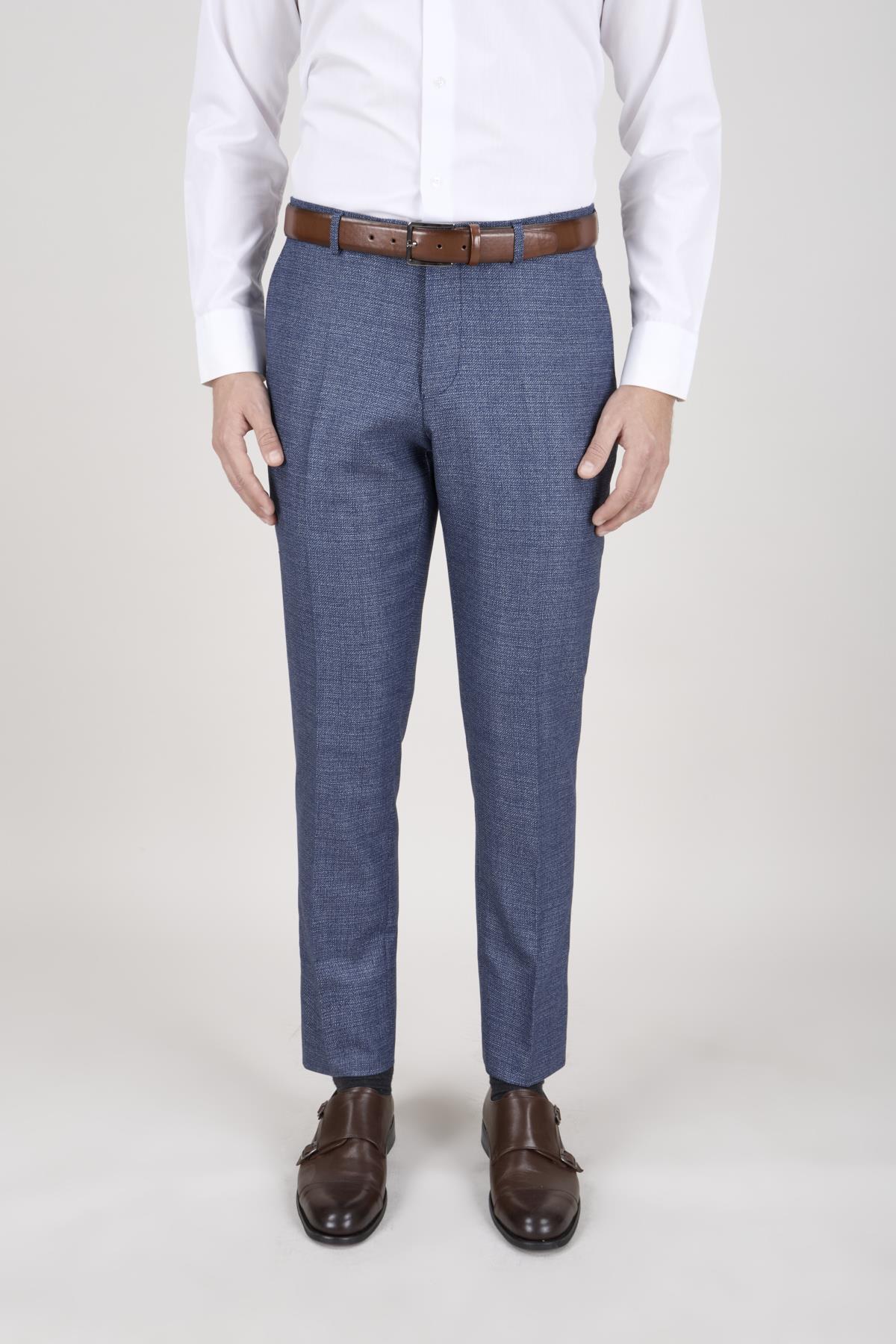Erkek Slim Fit Sivri Yaka Açık Mavi Ekose Kombin Yelekli Takım Elbise