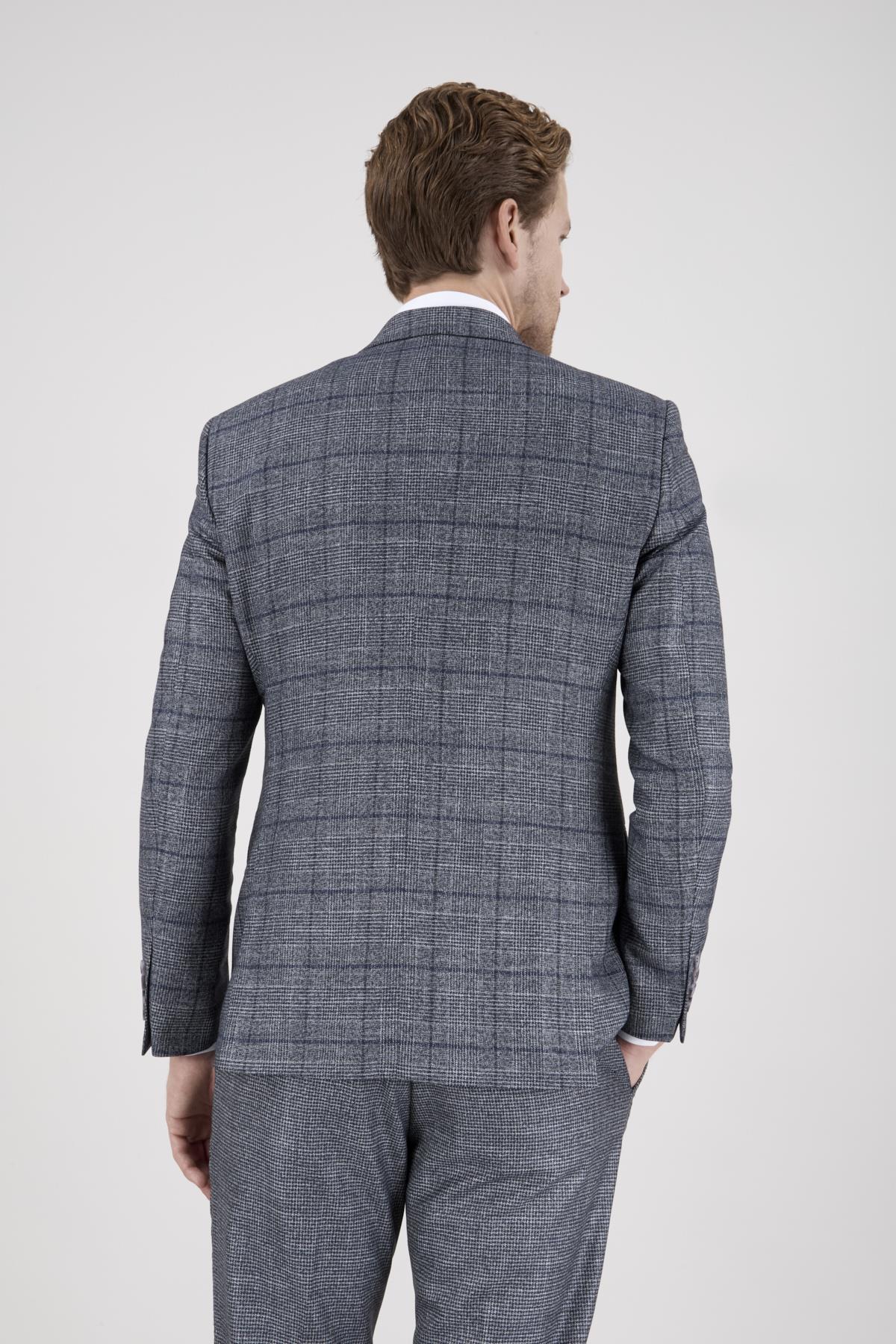Erkek Slim Fit Sivri Yaka Lacivert Ekose Yelekli Kombin Takım Elbise