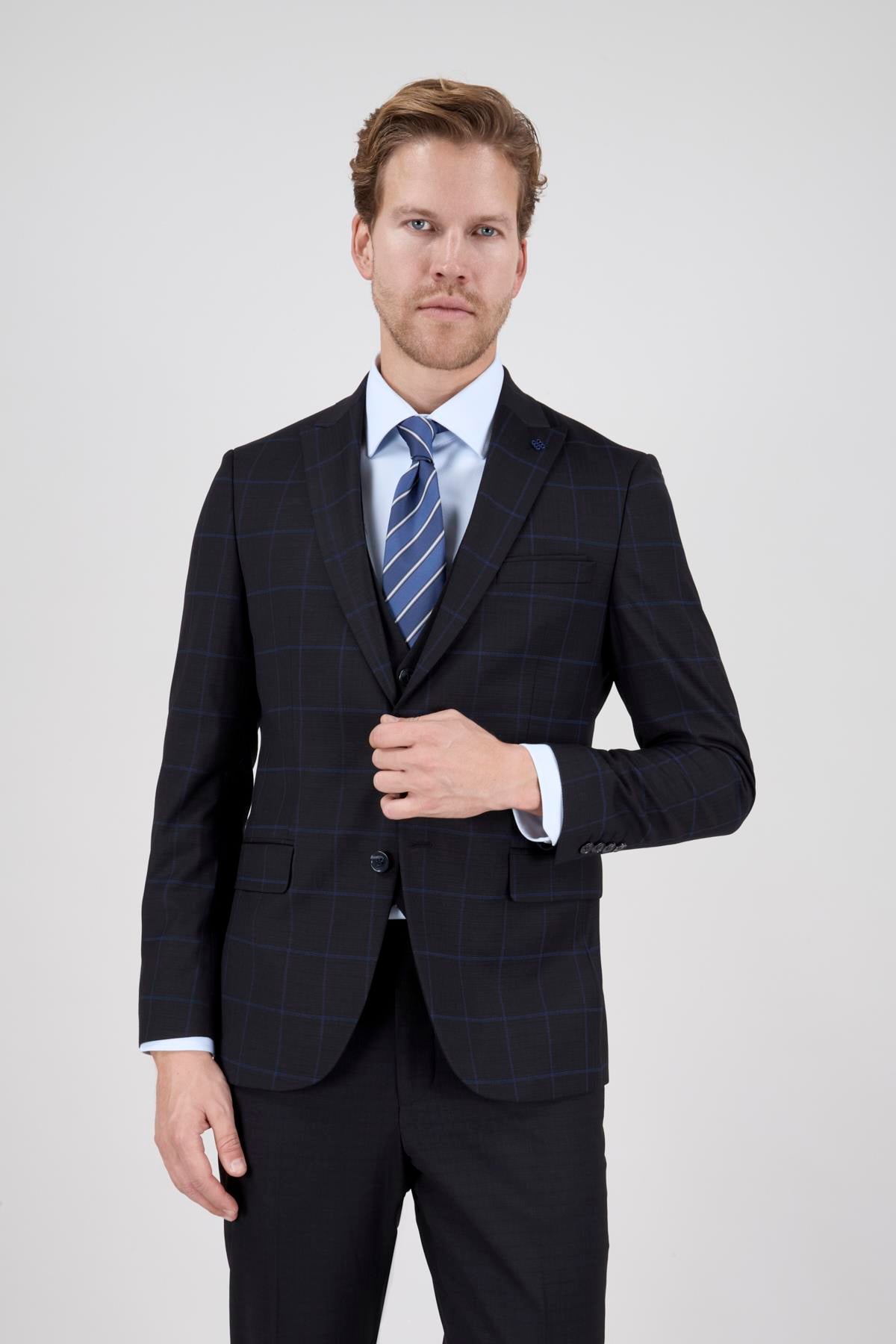 Erkek Slim Fit Sivri Yaka Siyah Ekose Kombin Yelekli Takım Elbise