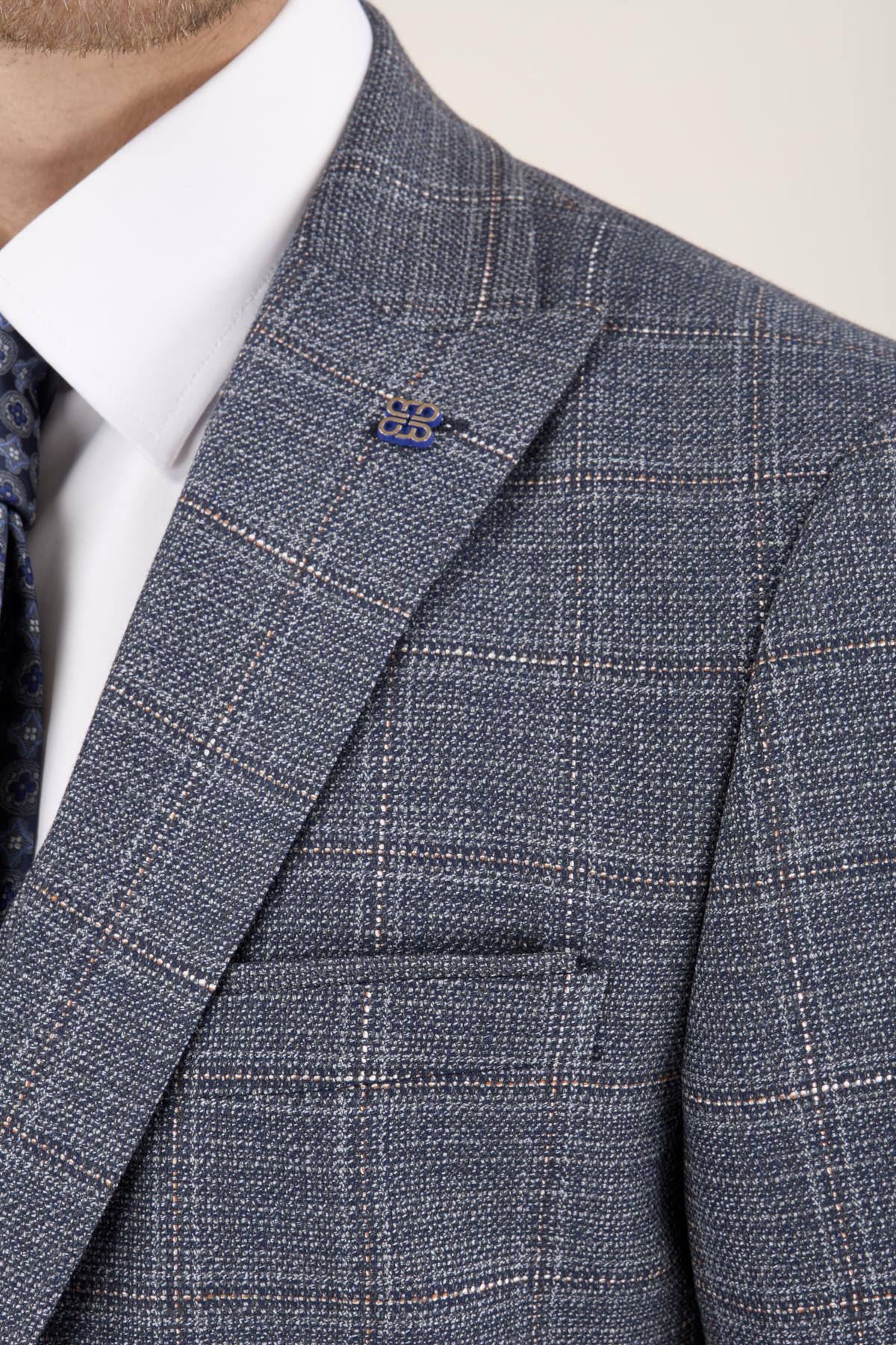 Erkek Slim Fit Sivri Yaka Lacivert Ekose Kombin Yelekli Takım Elbise