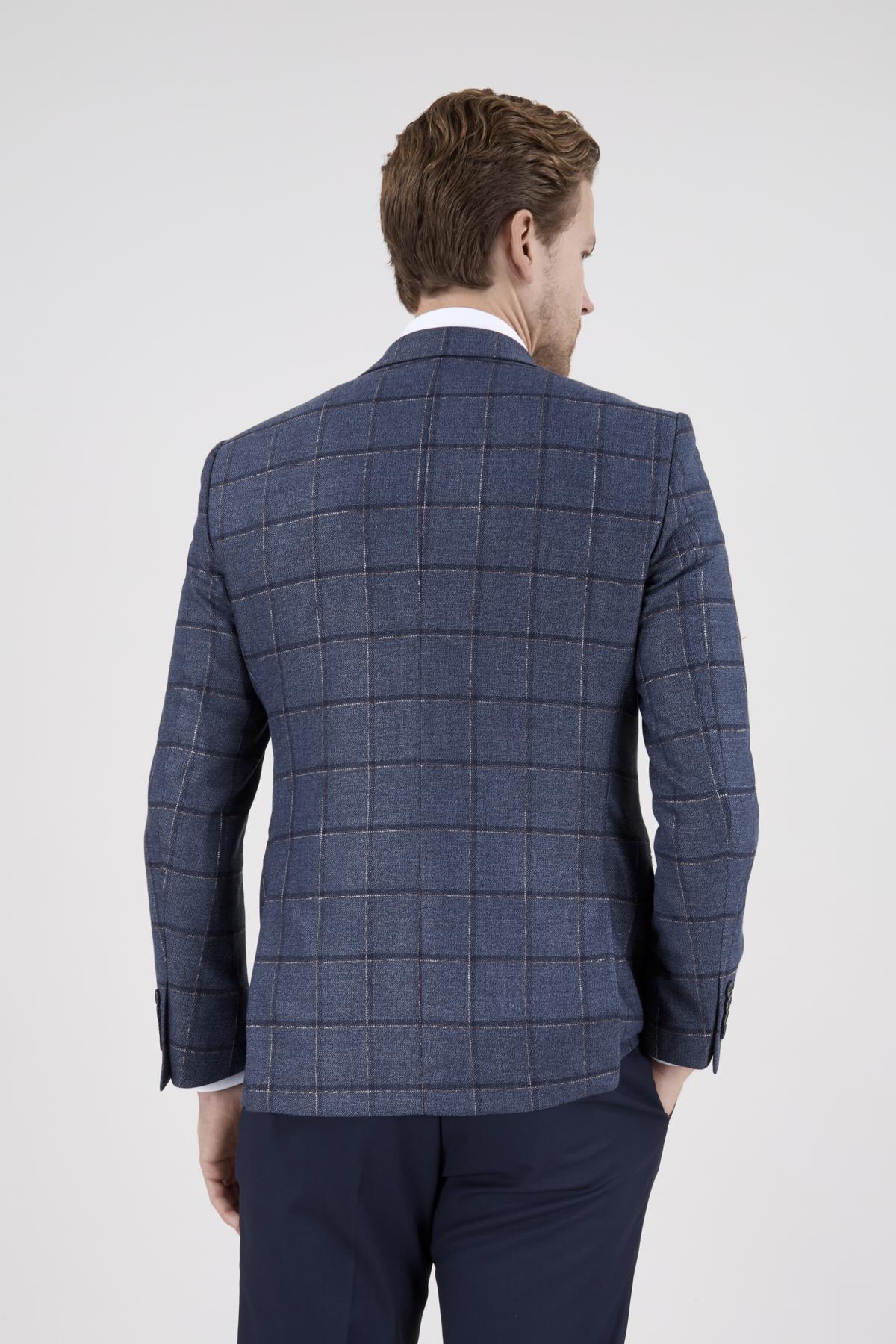 Erkek Slim Fit Sivri Yaka Lacivert Ekose Yelekli Kombin Takım Elbise