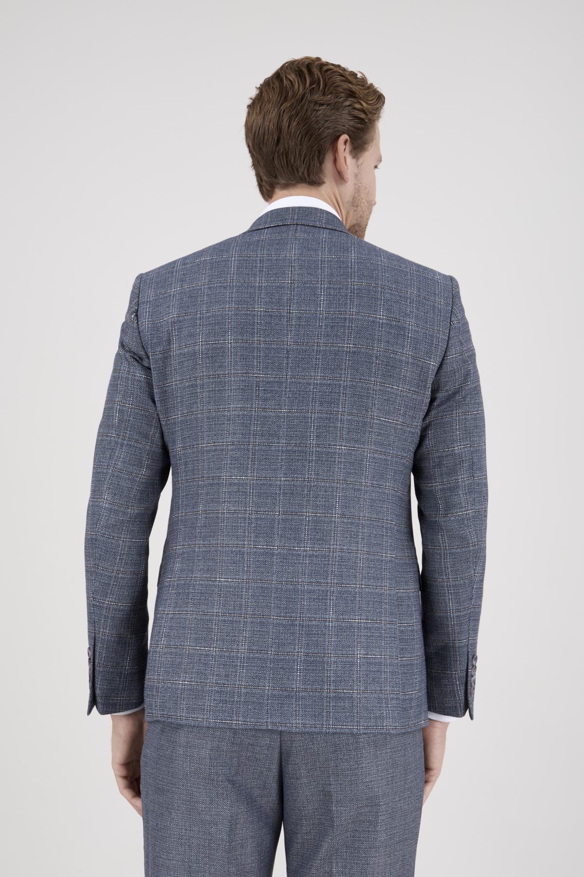 Erkek Slim Fit Sivri Yaka Lacivert Ekose Kombin Yelekli Takım Elbise