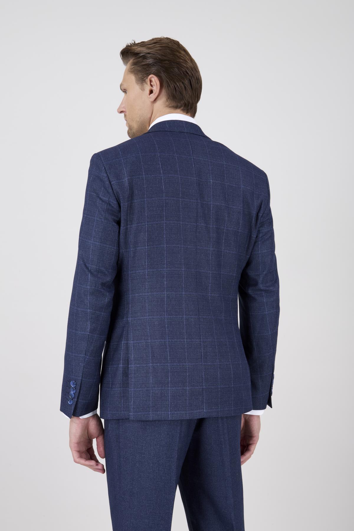 Erkek Slim Fit Sivri Yaka Açık Gri Ekose Kombin Yelekli Takım Elbise