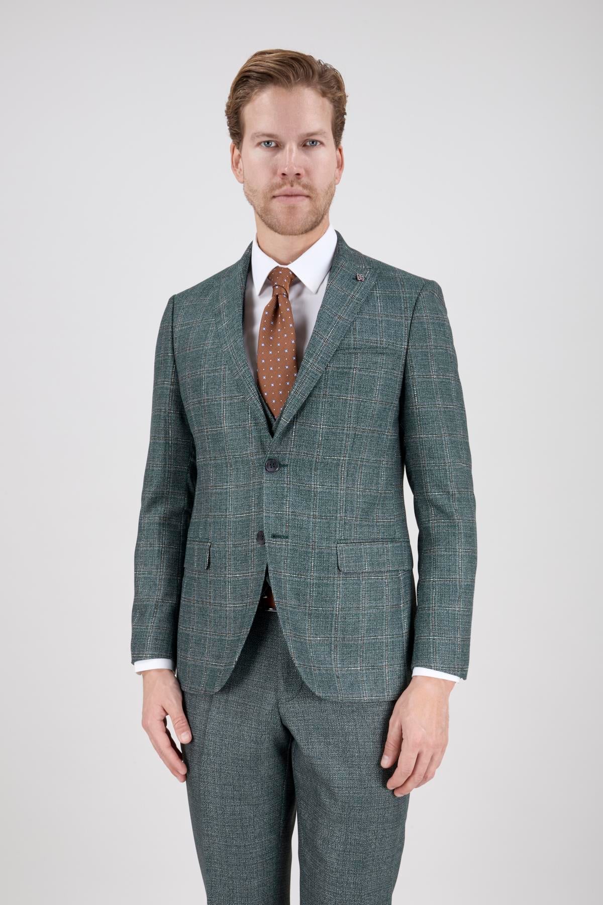 Erkek Slim Fit Sivri Yaka Yeşil Ekose Kombin Yelekli Takım Elbise