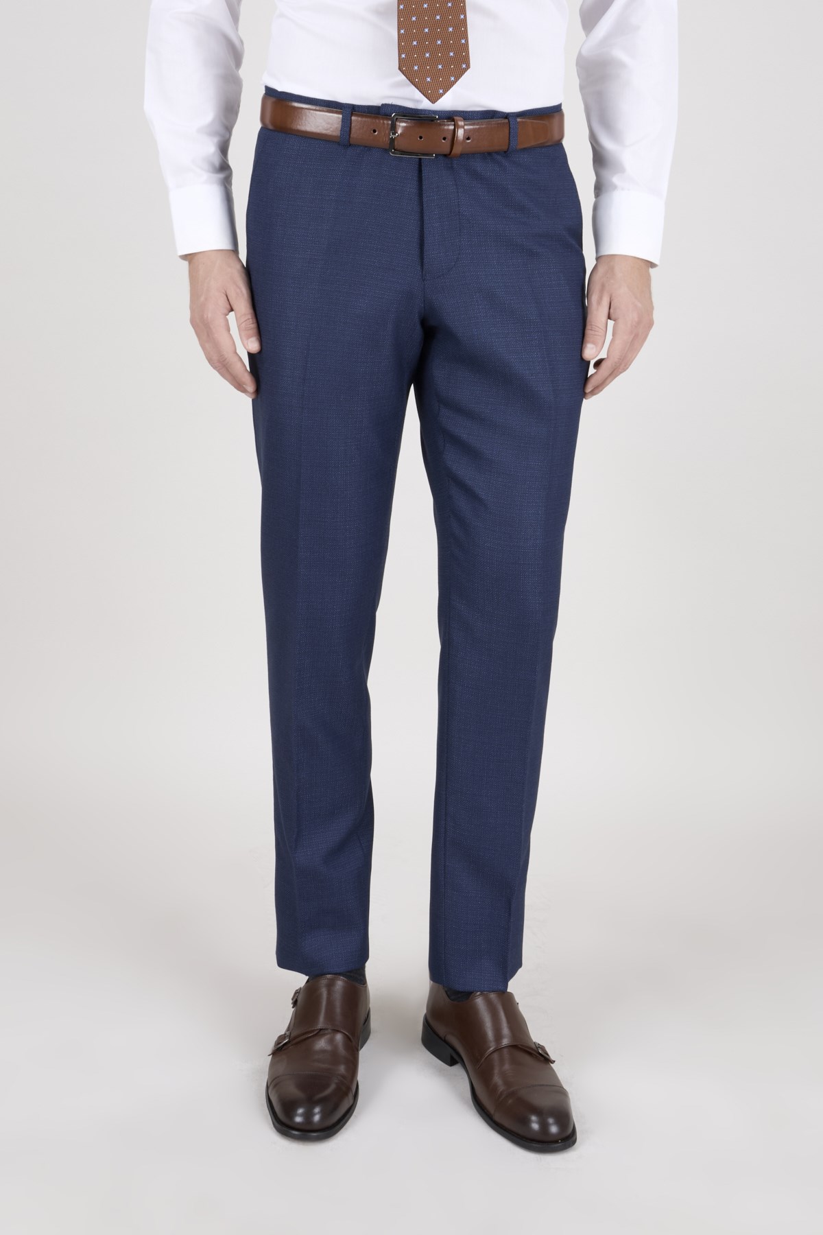 Erkek Slim Fit Sivri Yaka Ekose Yelekli Koyu Mavi Kombin Takım Elbise