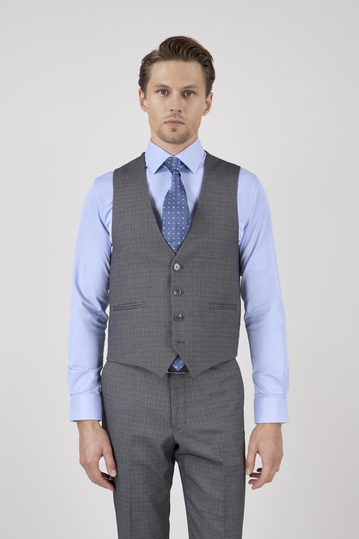Erkek Slim Fit Sivri Yaka Füme Yelekli Takım Elbise