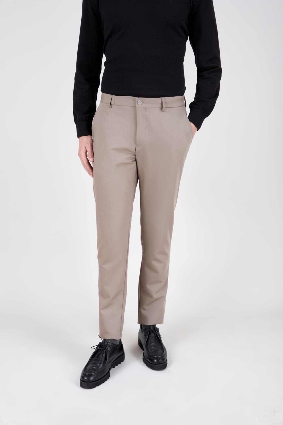 Erkek Slim Fit Sivri Yaka Koyu Bej Kombin Takım Elbise
