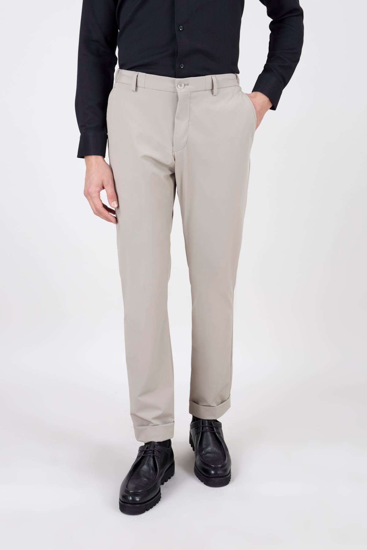 Erkek Slim Fit Sivri Yaka Koyu Bej Puntolu Kapak Cepli Yarım Astar Takım Elbise