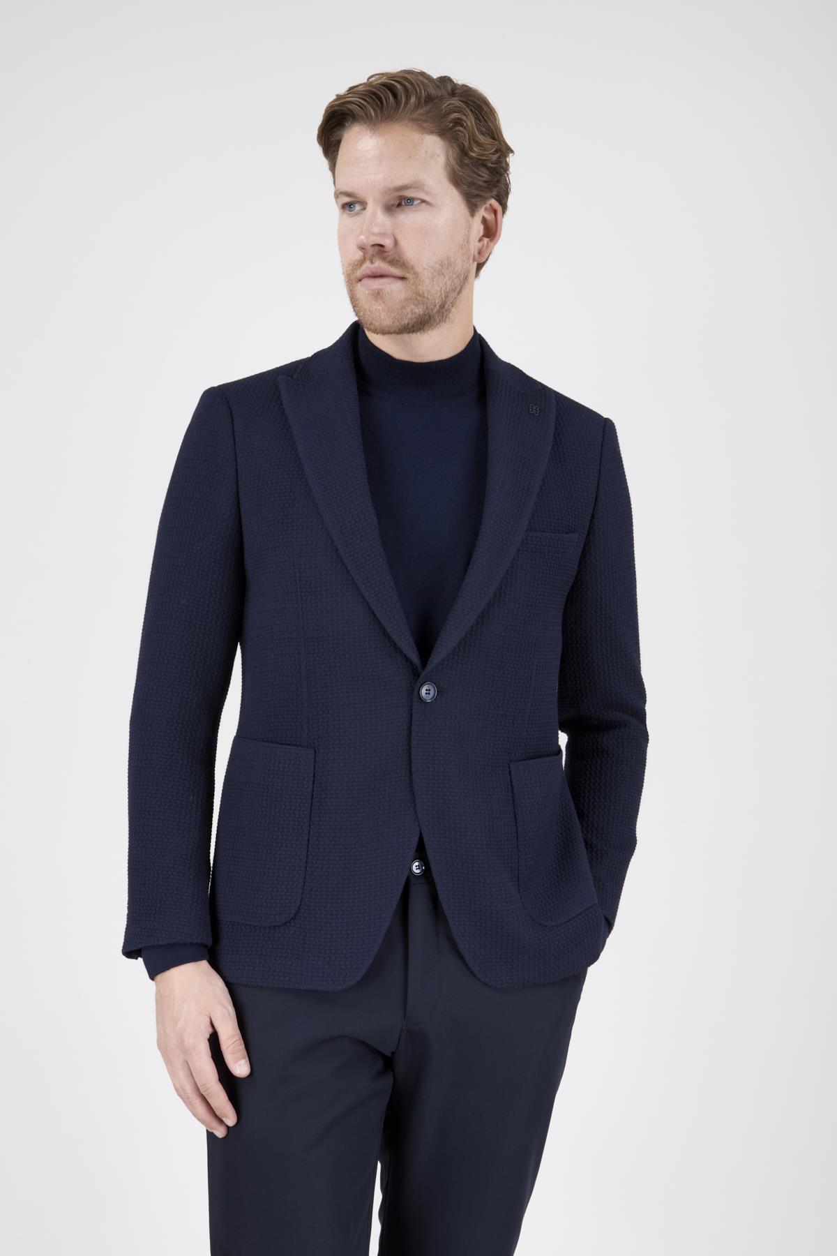 Erkek Slim Fit Sivri Yaka Koyu Lacivert Kombin Takım Elbise