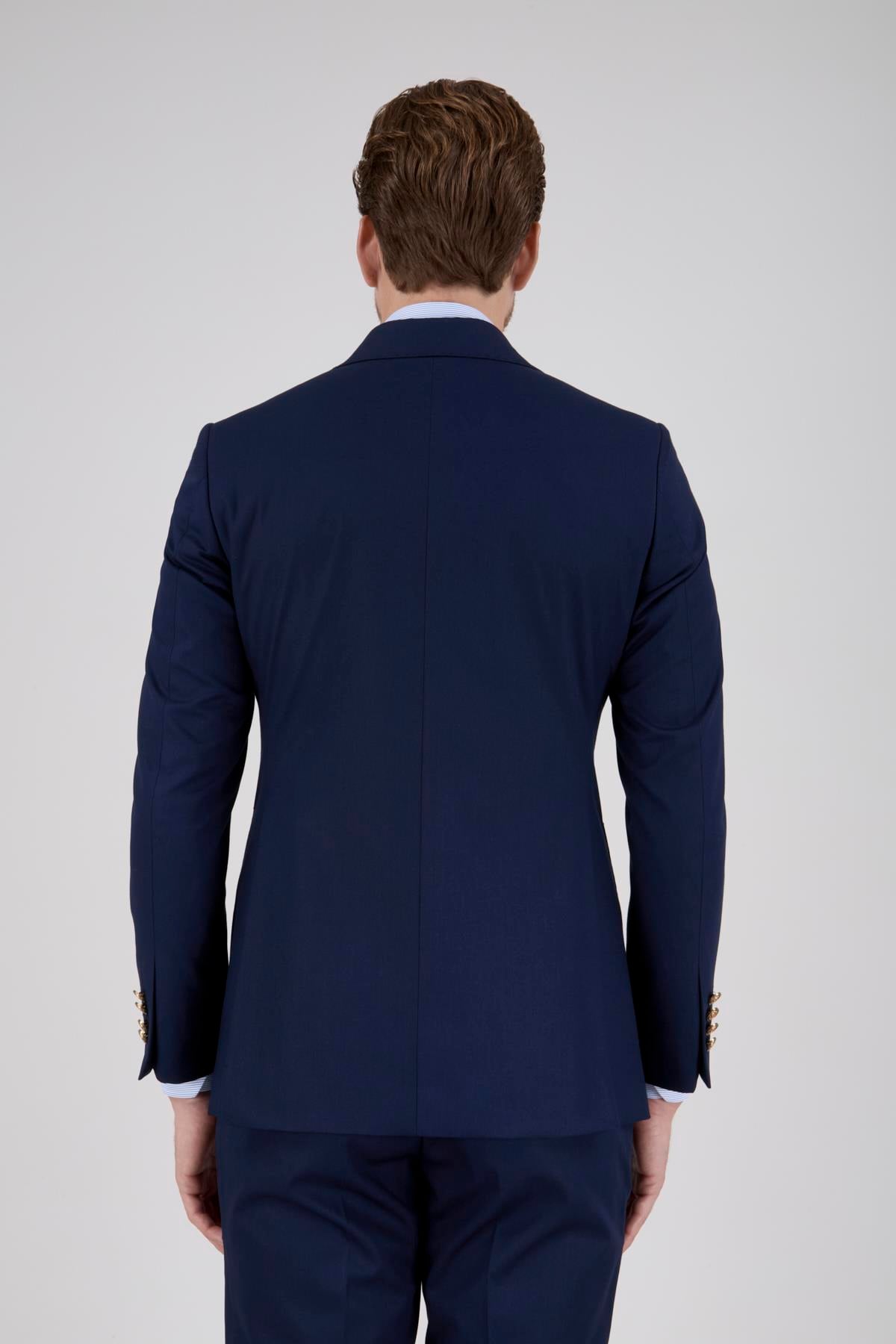 Erkek Slim Fit Sivri Yaka Kruvaze Açık Lacivert Takım Elbise