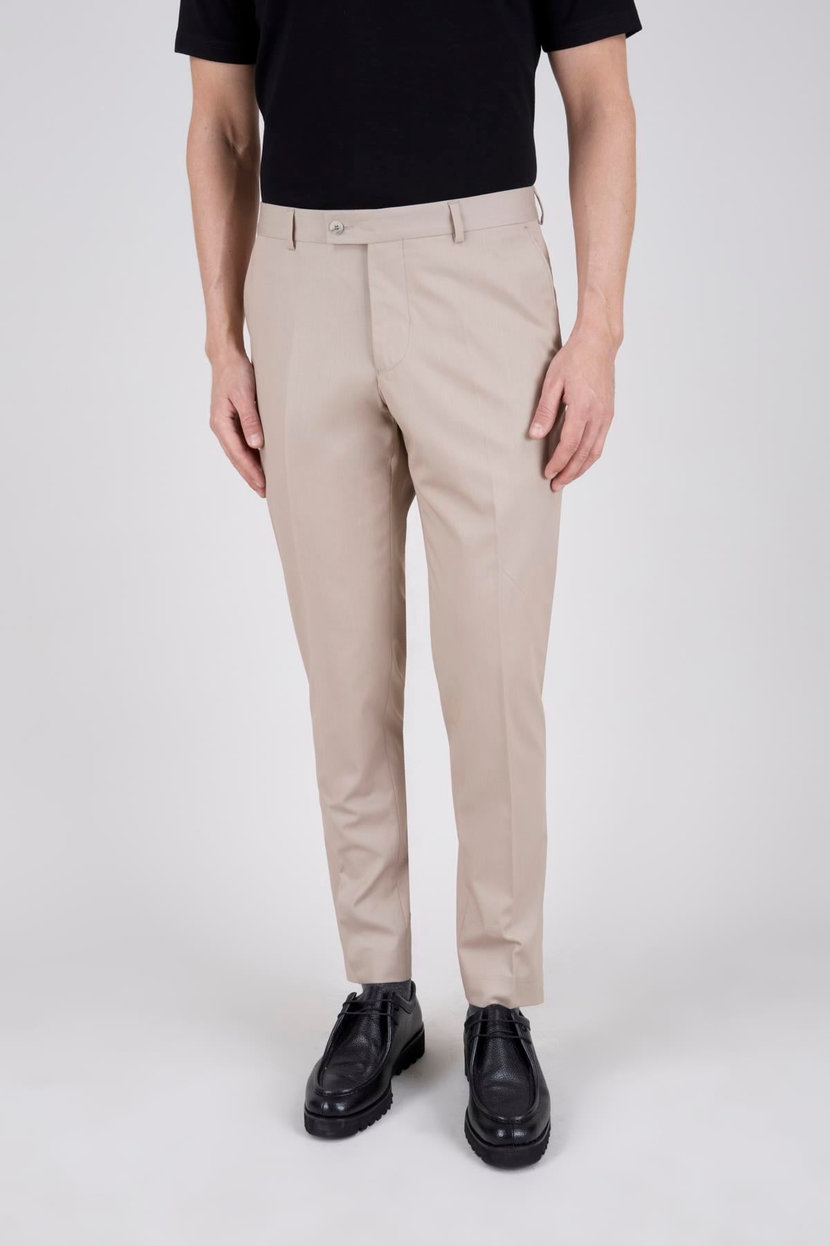 Erkek Slim Fit Sivri Yaka Bej Kruvaze Takım Elbise