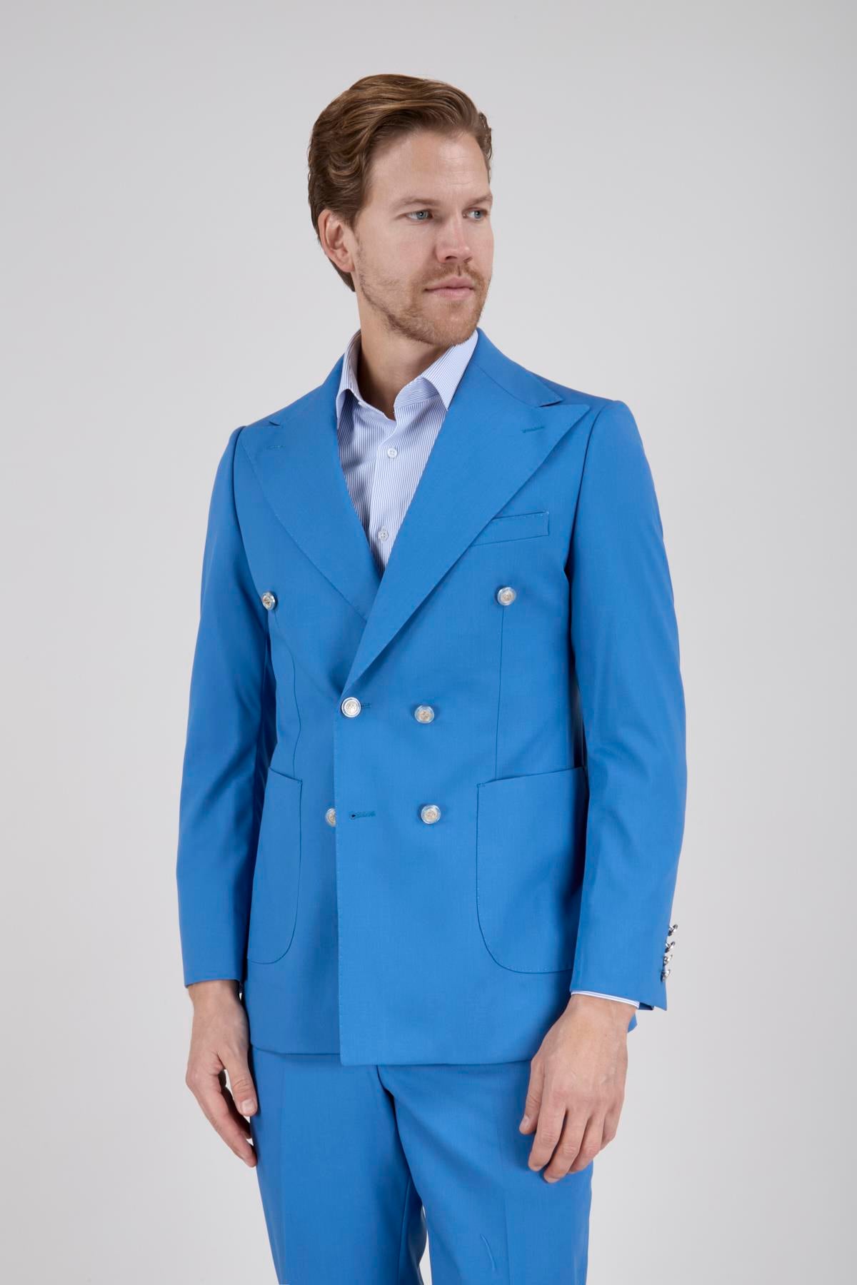 Erkek Slim Fit Sivri Yaka Mavi Kruvaze Takım Elbise