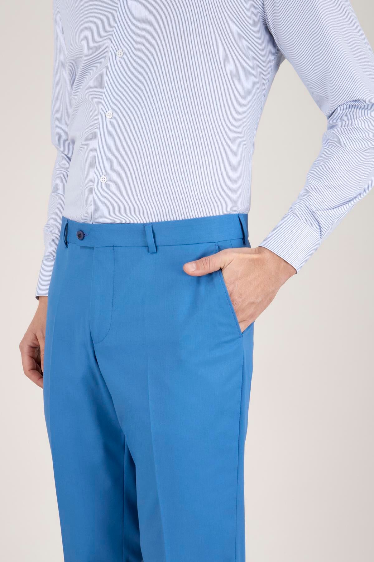 Erkek Slim Fit Sivri Yaka Mavi Kruvaze Takım Elbise
