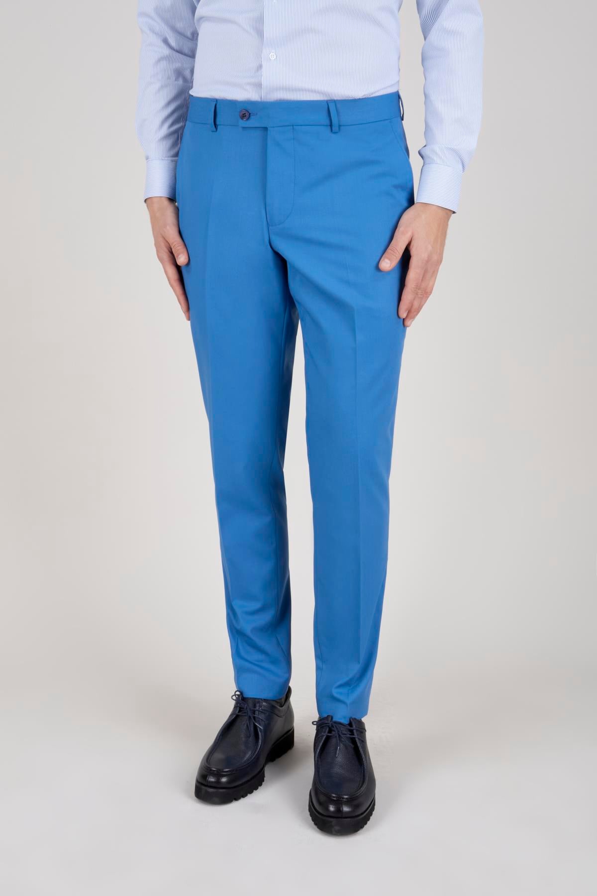 Erkek Slim Fit Sivri Yaka Mavi Kruvaze Takım Elbise