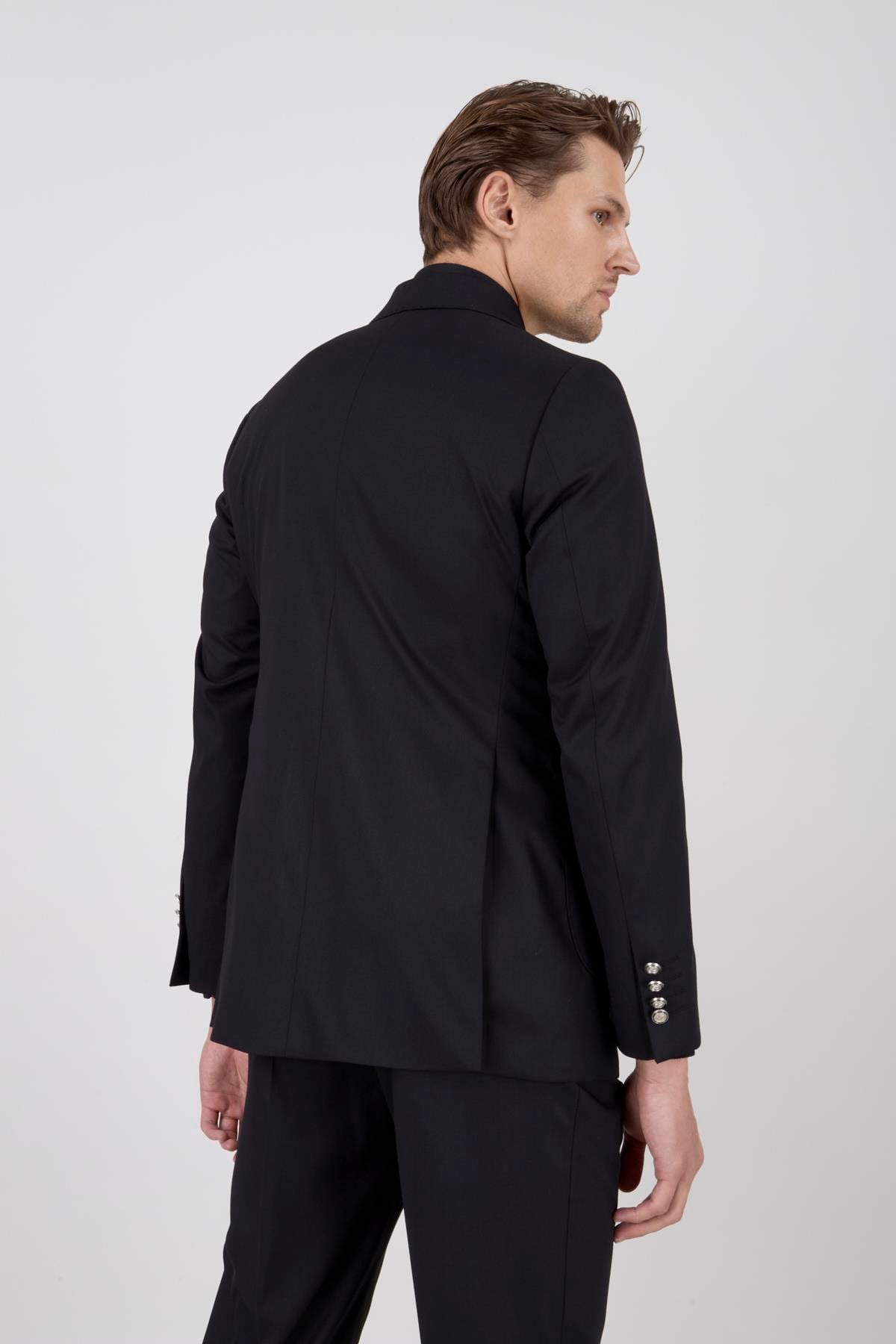 Erkek Slim Fit Sivri Yaka Kruvaze Siyah Takım Elbise