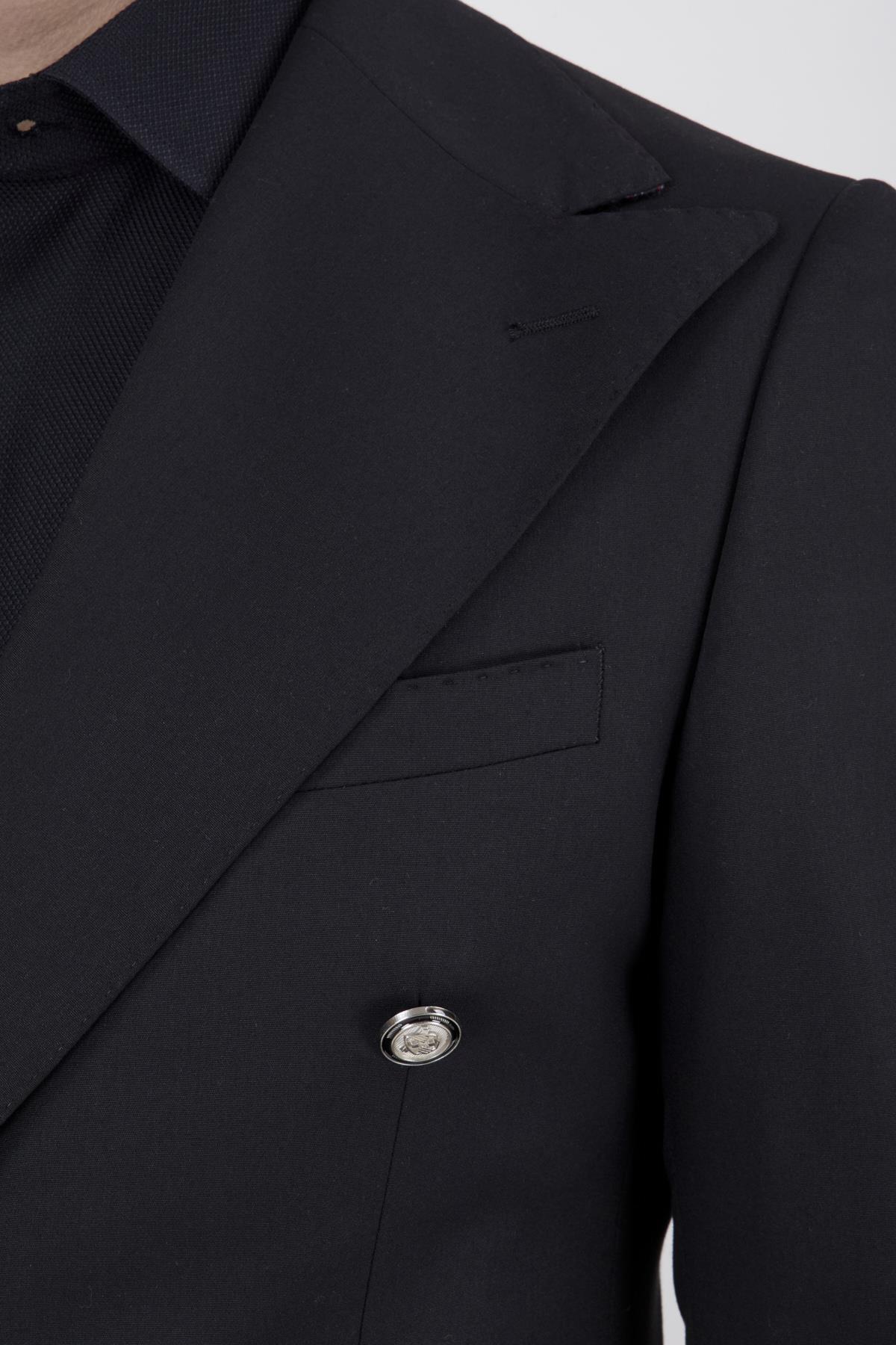 Erkek Slim Fit Sivri Yaka Kruvaze Siyah Takım Elbise