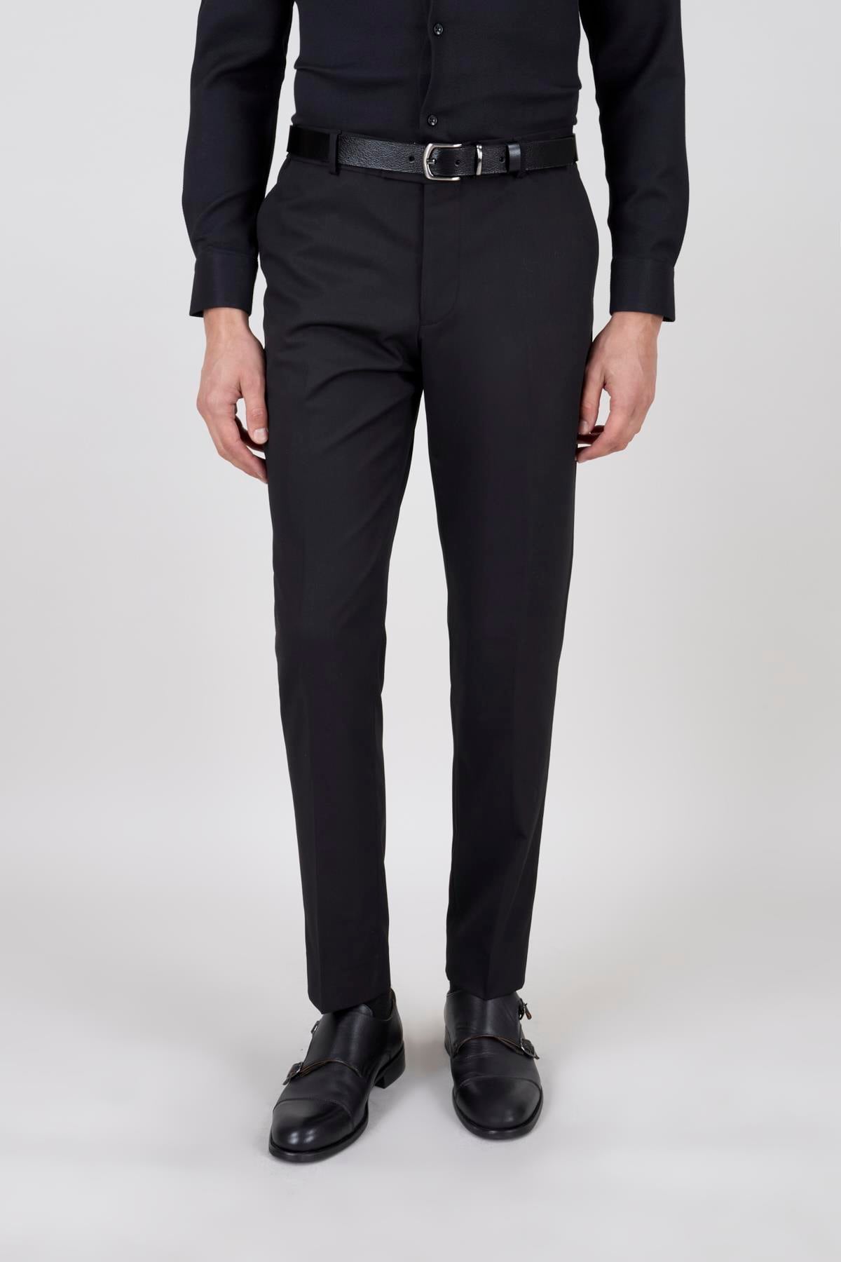 Erkek Slim Fit Sivri Yaka Kruvaze Siyah Takım Elbise