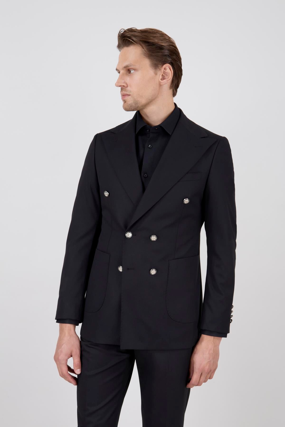 Erkek Slim Fit Sivri Yaka Kruvaze Siyah Takım Elbise