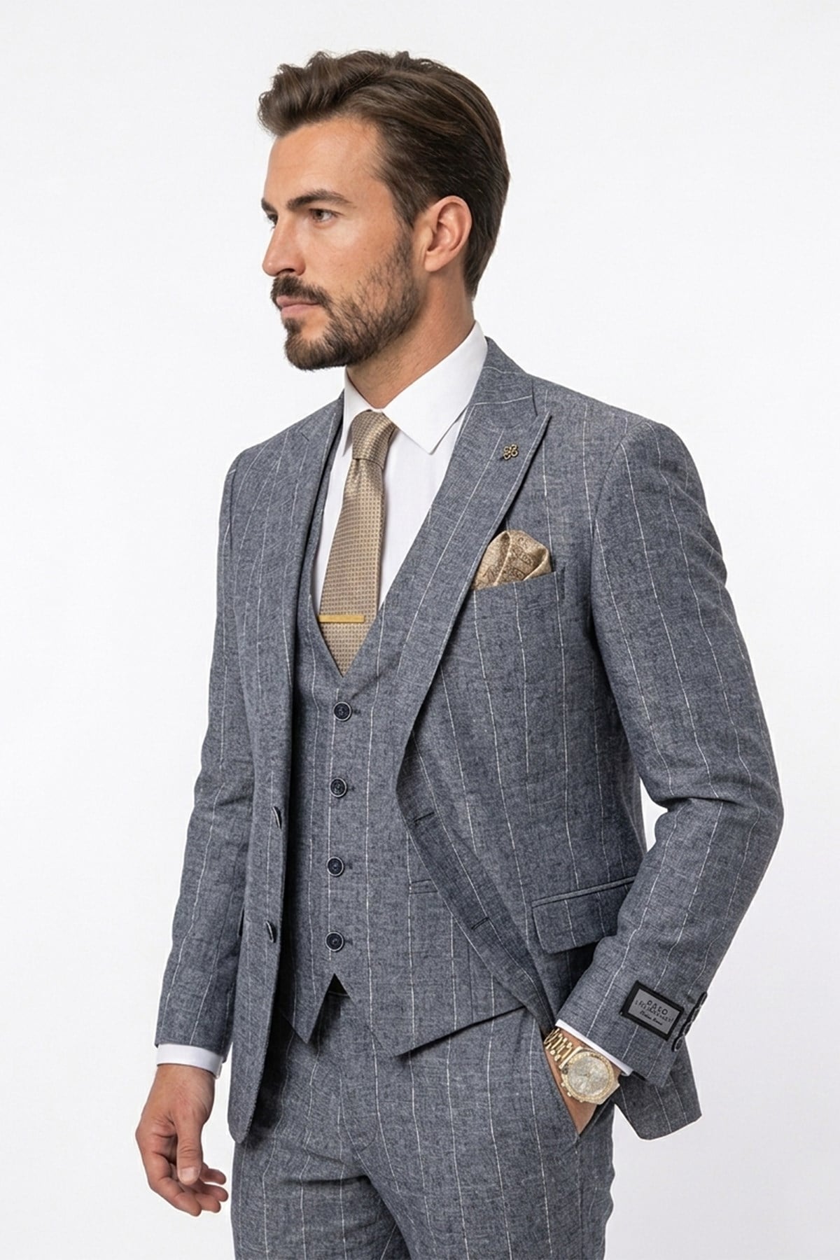 Erkek Slim Fit Sivri Yaka Lacivert Çizgili Yelekli Takım Elbise