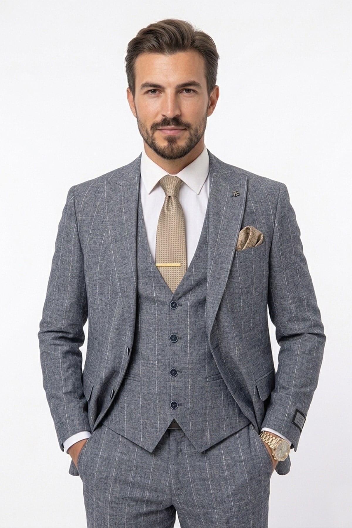 Erkek Slim Fit Sivri Yaka Lacivert Çizgili Yelekli Takım Elbise