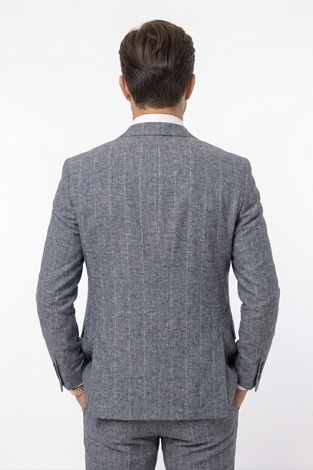 Erkek Slim Fit Sivri Yaka Lacivert Çizgili Yelekli Takım Elbise