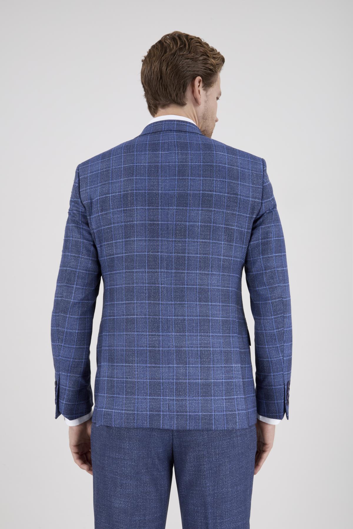 Erkek Slim Fit Sivri Yaka Lacivert Ekose Kombin Yelekli Takım Elbise