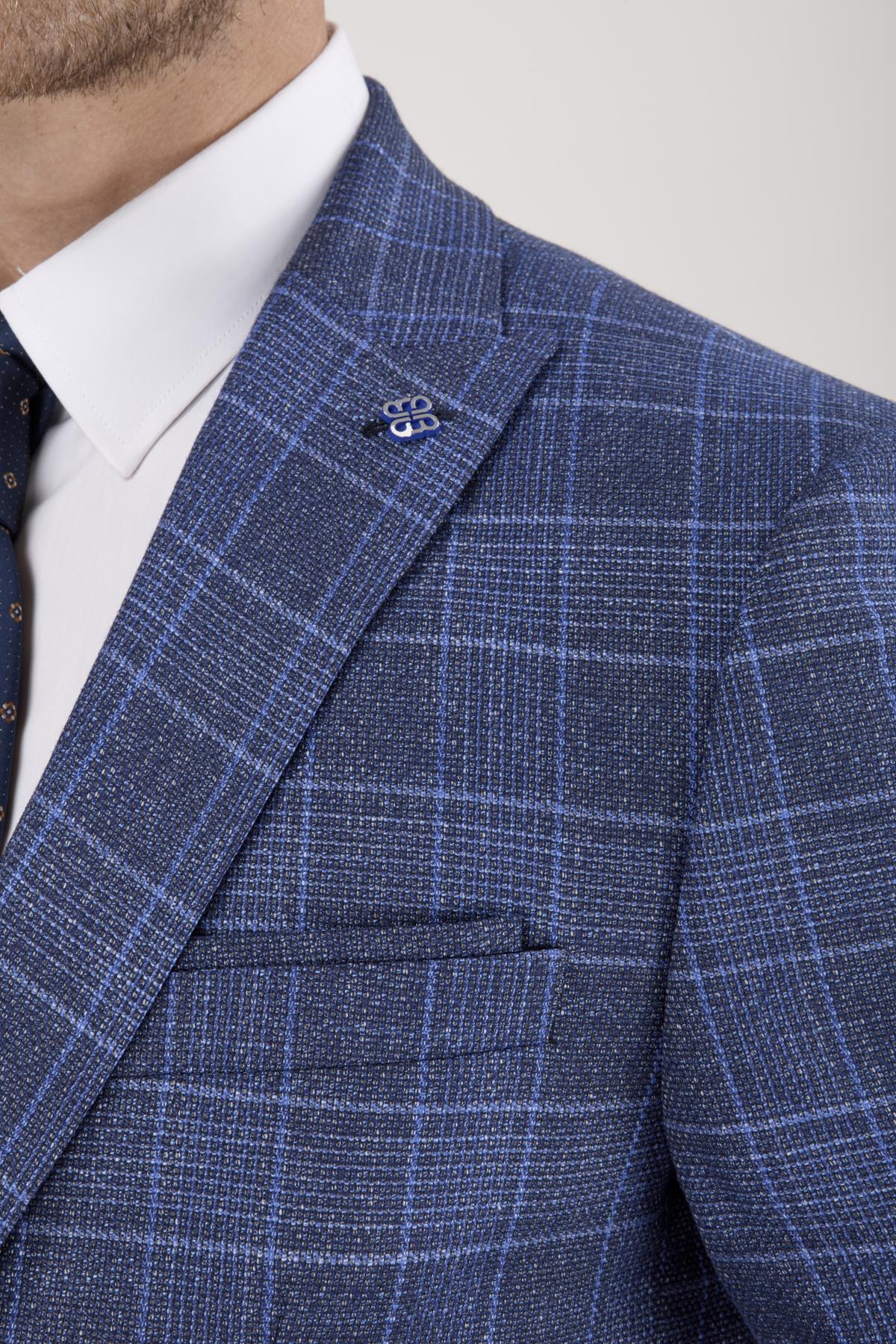 Erkek Slim Fit Sivri Yaka Lacivert Ekose Kombin Yelekli Takım Elbise