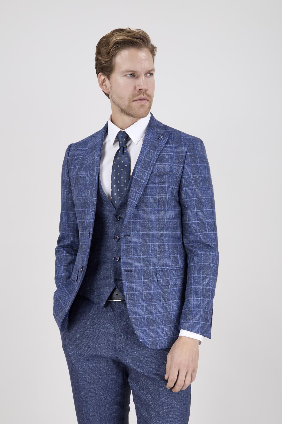Erkek Slim Fit Sivri Yaka Lacivert Ekose Kombin Yelekli Takım Elbise