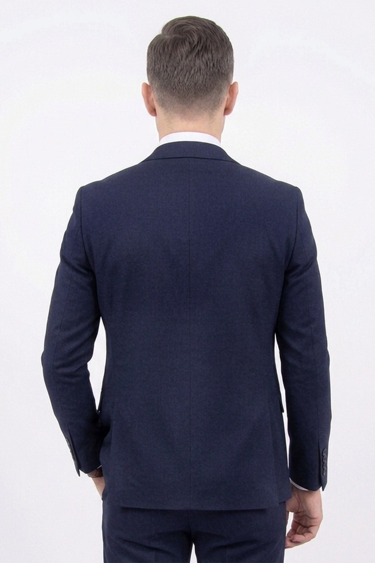 Erkek Slim Fit Sivri Yaka Lacivert Yelekli Takım Elbise