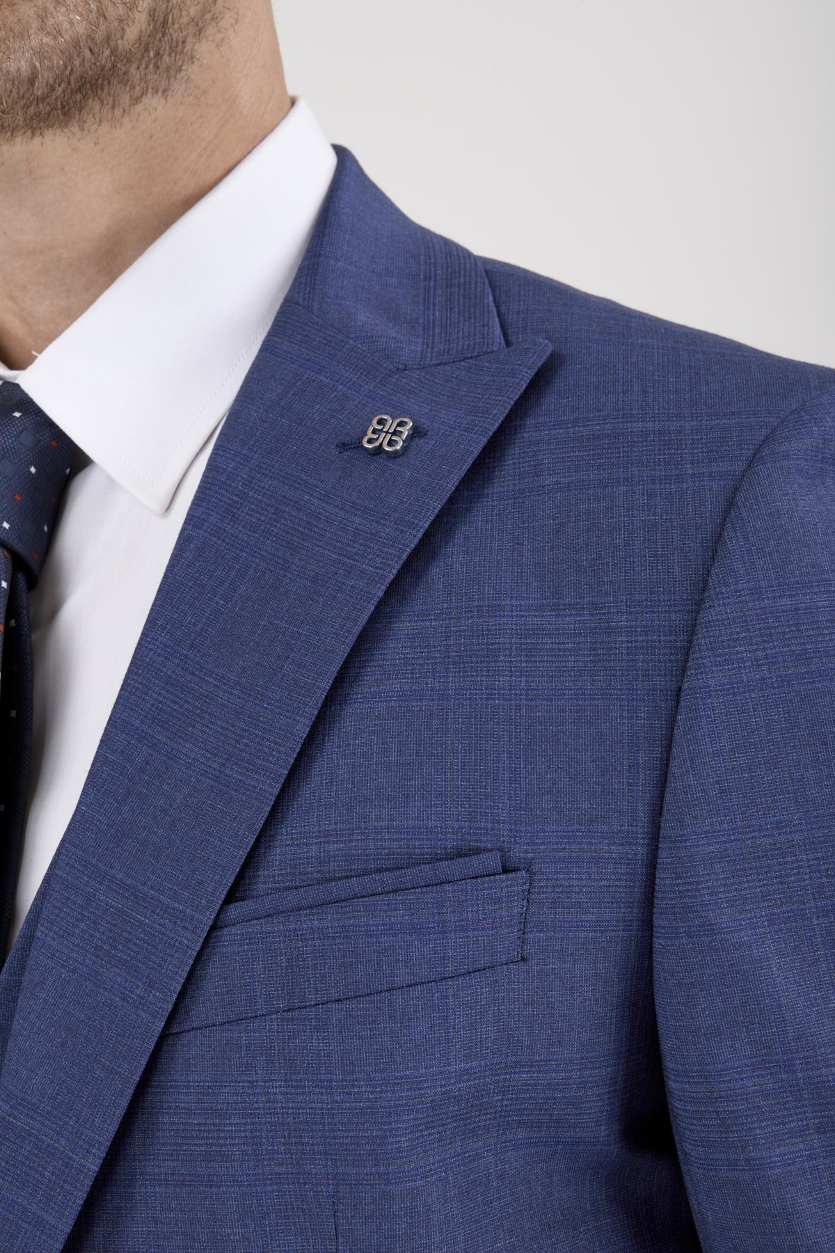 Erkek Slim Fit Sivri Yaka Mavi Kombin Yelekli Takım Elbise