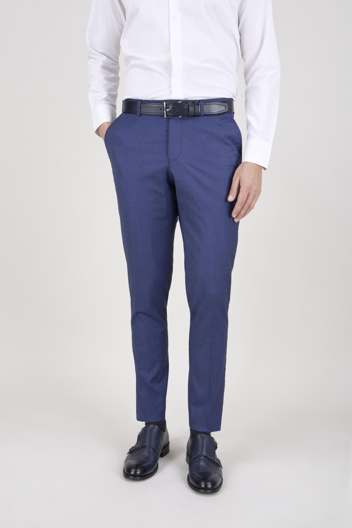 Erkek Slim Fit Sivri Yaka Mavi Kombin Yelekli Takım Elbise