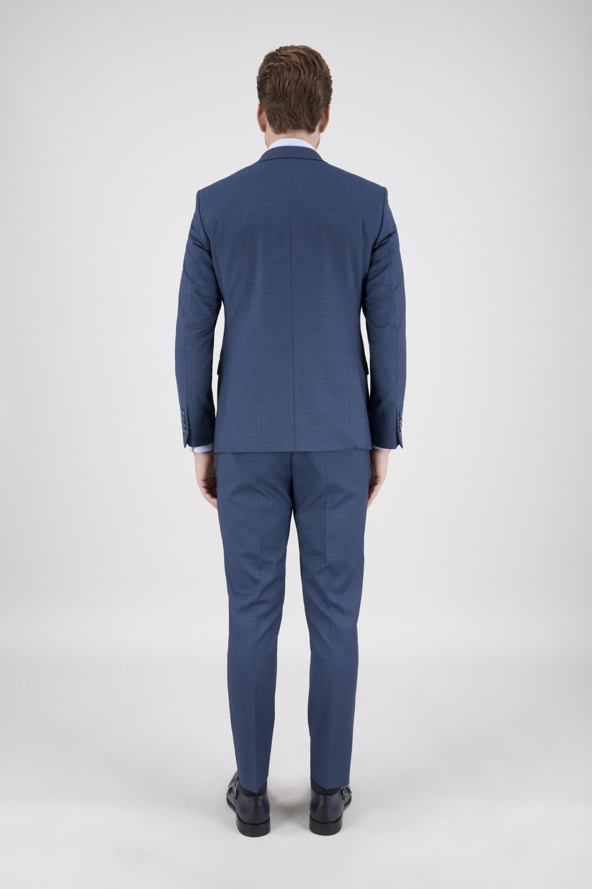 Erkek Slim Fit Sivri Yaka Petrol Yelekli Takım Elbise