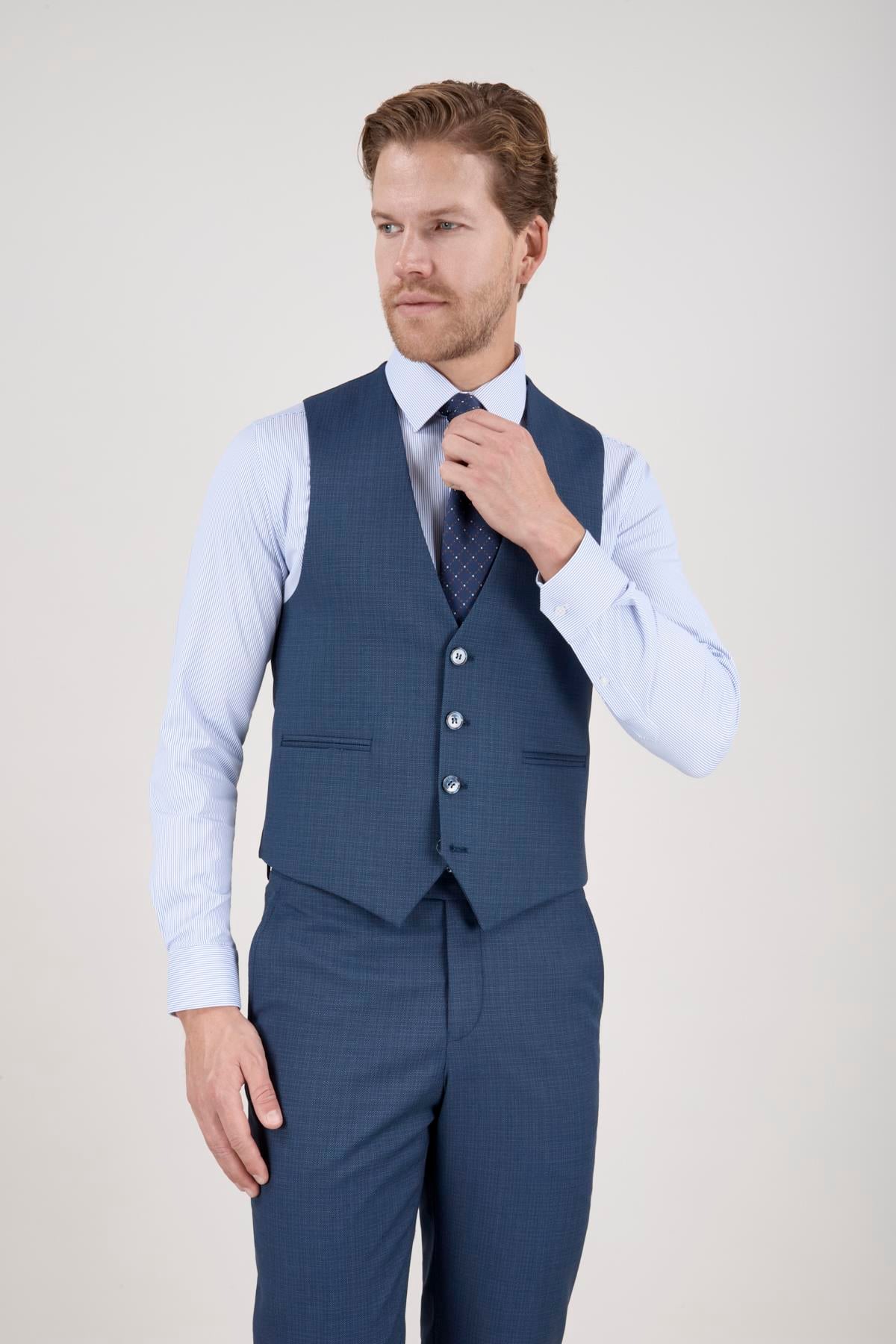 Erkek Slim Fit Sivri Yaka Petrol Yelekli Takım Elbise