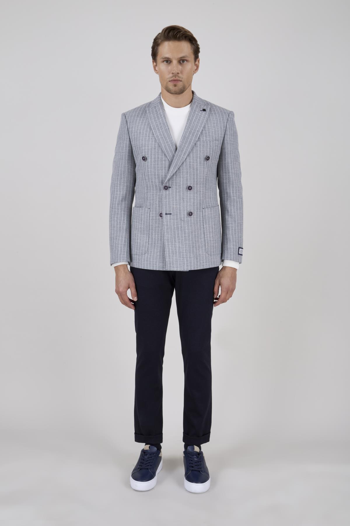 Erkek Slim Fit Sivri Yaka Torba Cep Çizgili Lacivert Kruvaze Ceket