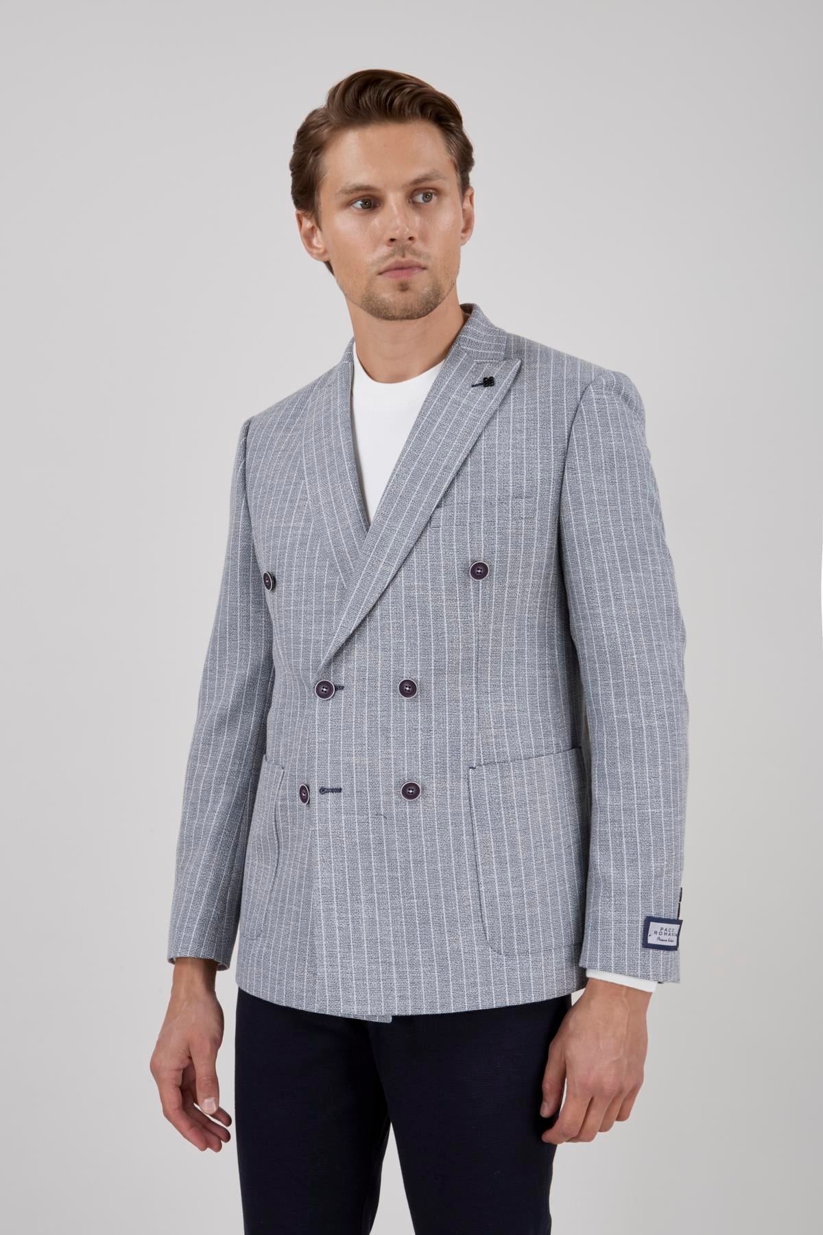 Erkek Slim Fit Sivri Yaka Torba Cep Çizgili Lacivert Kruvaze Ceket