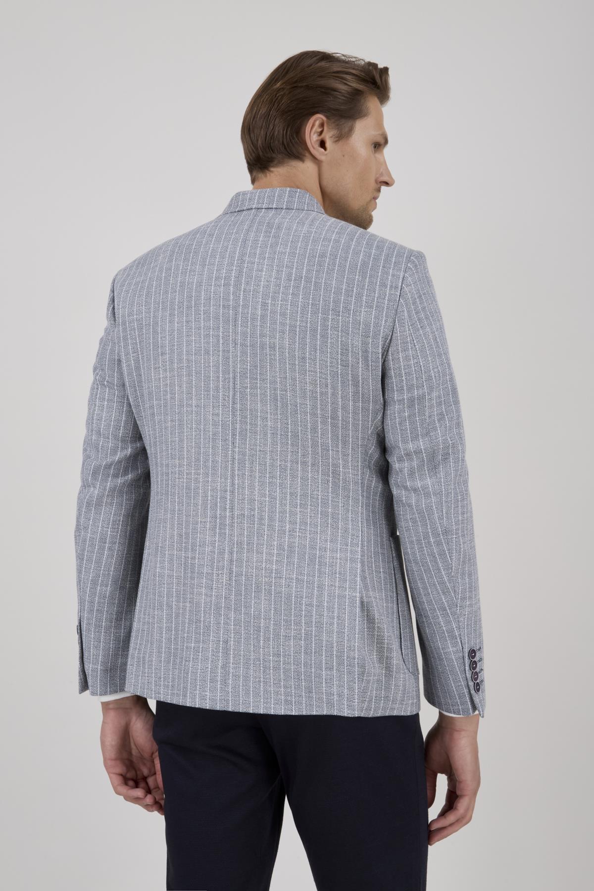 Erkek Slim Fit Sivri Yaka Torba Cep Çizgili Lacivert Kruvaze Ceket