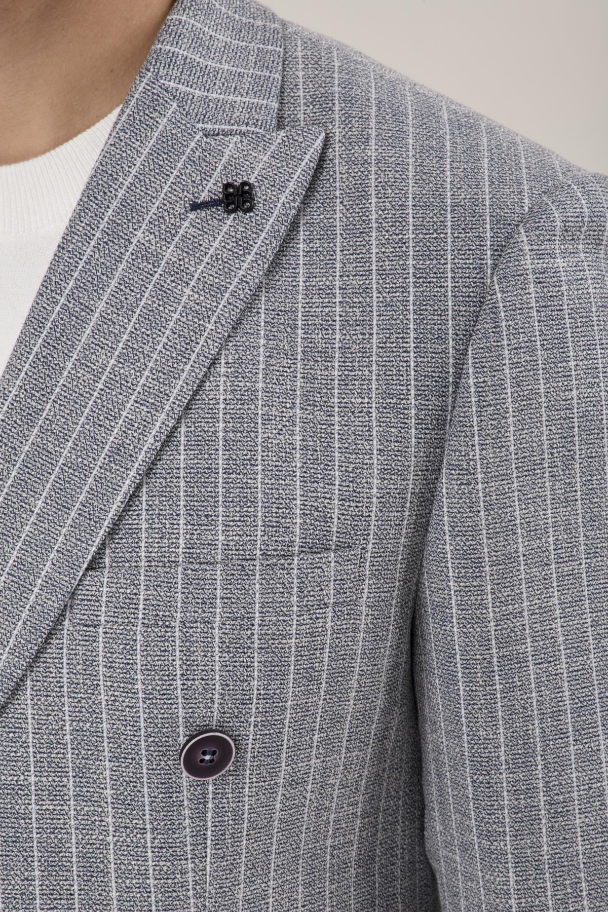 Erkek Slim Fit Sivri Yaka Torba Cep Çizgili Lacivert Kruvaze Ceket