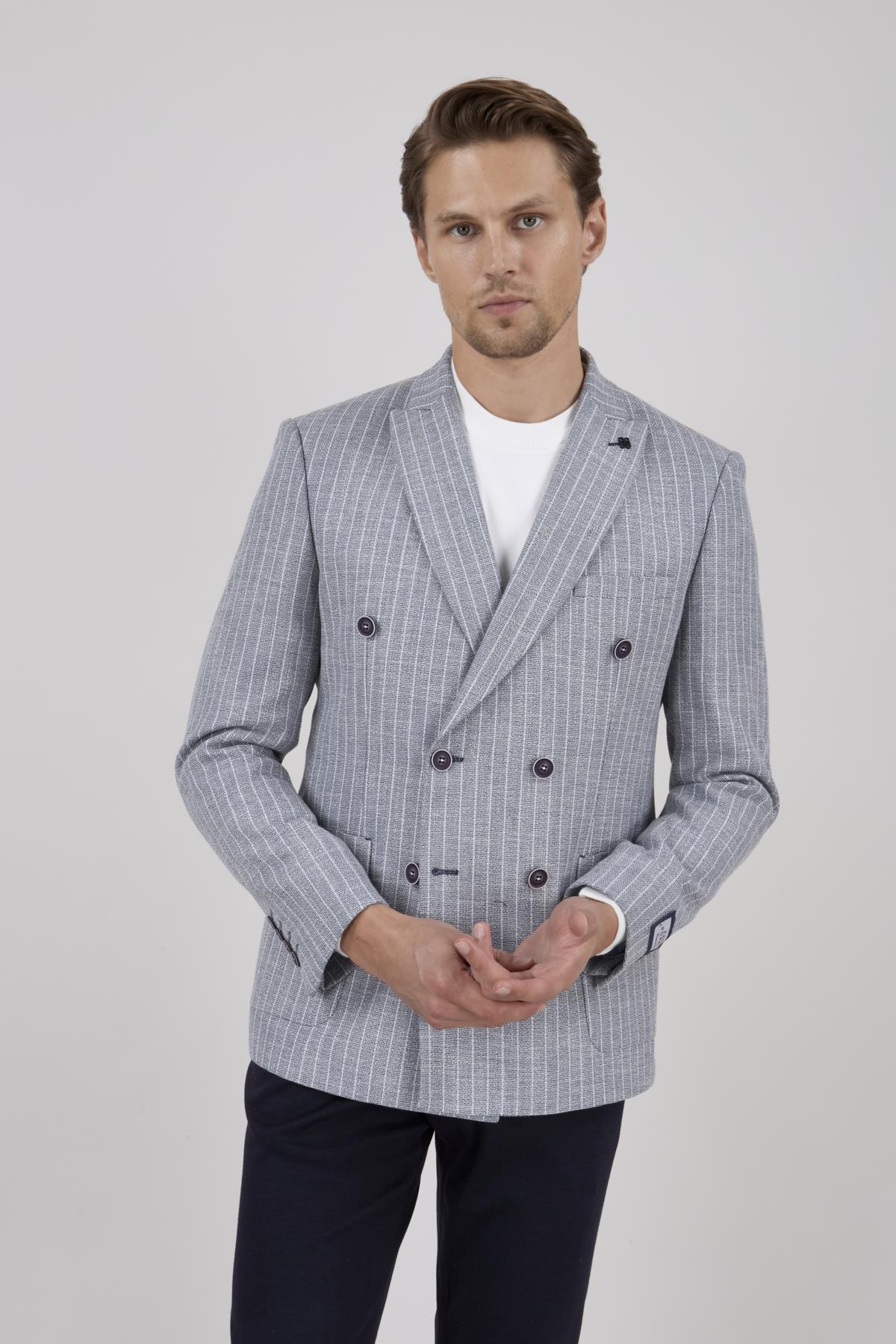 Erkek Slim Fit Sivri Yaka Torba Cep Çizgili Lacivert Kruvaze Ceket