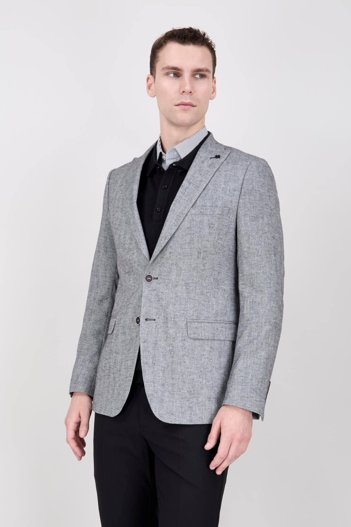 Erkek Slim Fit Sivri Yaka Yarım Astar Siyah Ceket