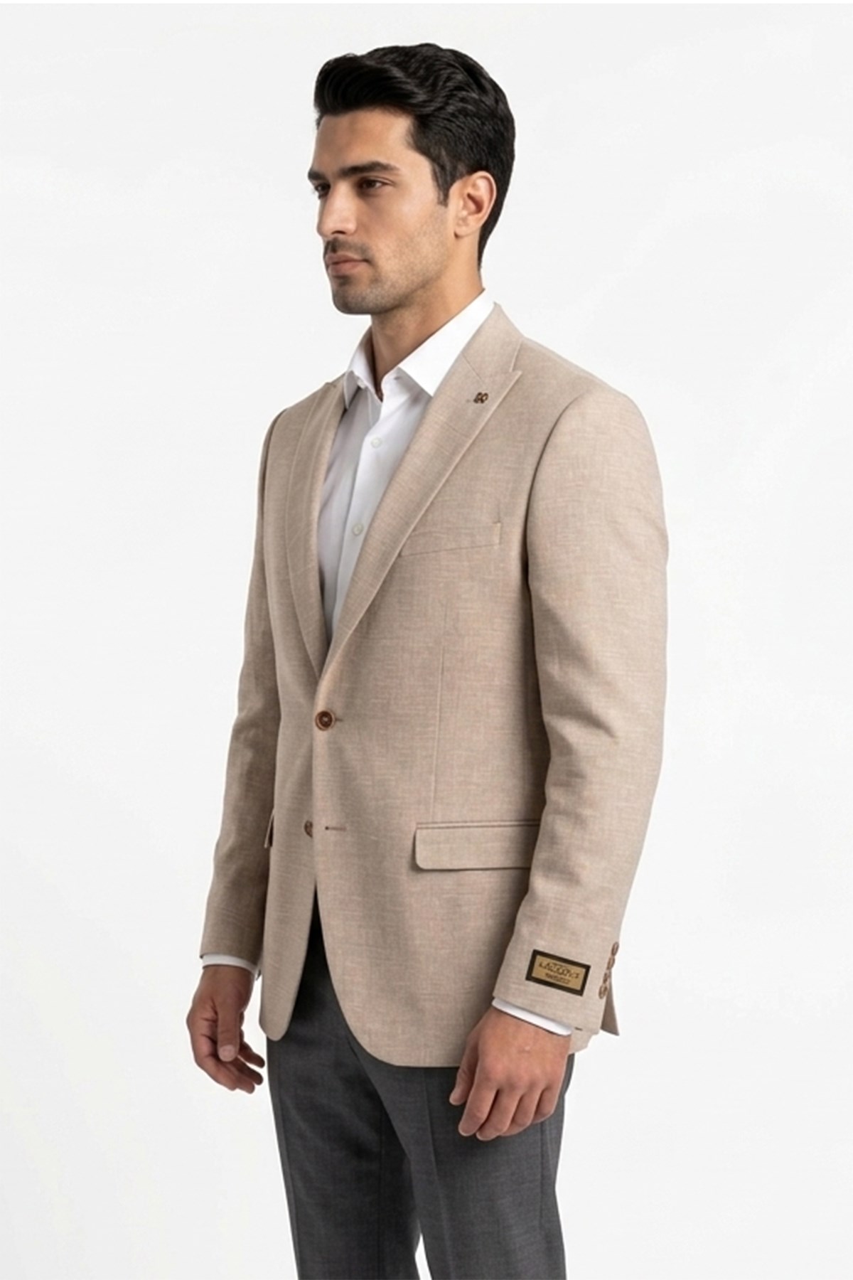 Erkek Slim Fit Sivri Yaka Yarım Astar Bej Ceket