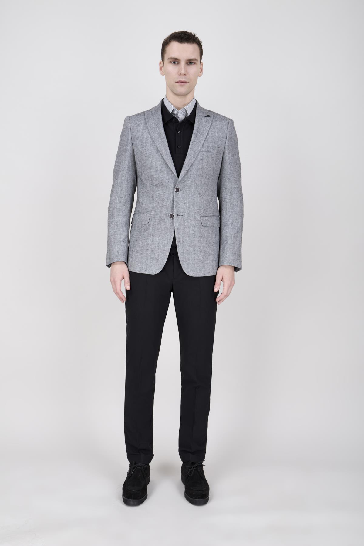 Erkek Slim Fit Sivri Yaka Yarım Astar Siyah Ceket
