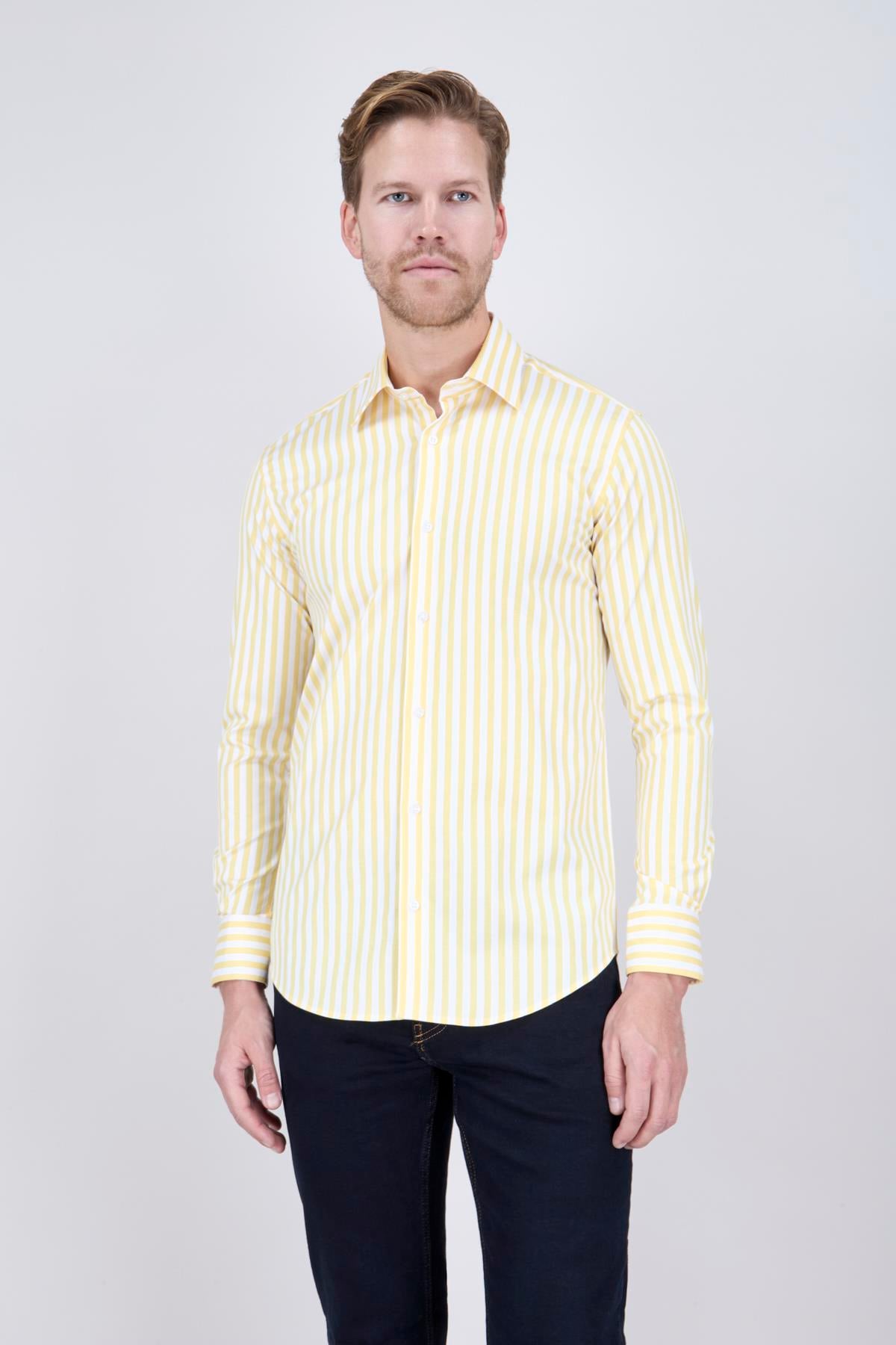 Erkek Slim Fit Arkası Pensli Beyaz Sarı Çizgili Gömlek