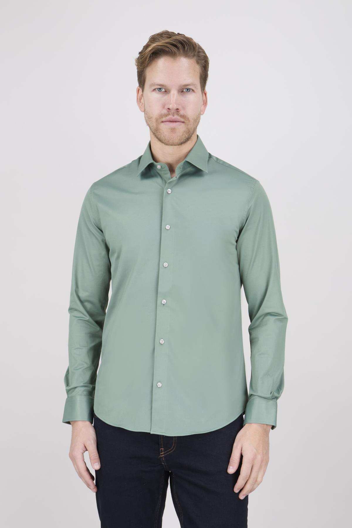 Erkek Slim Fit Uzun Kol Yeşil 6 Drop Gömlek