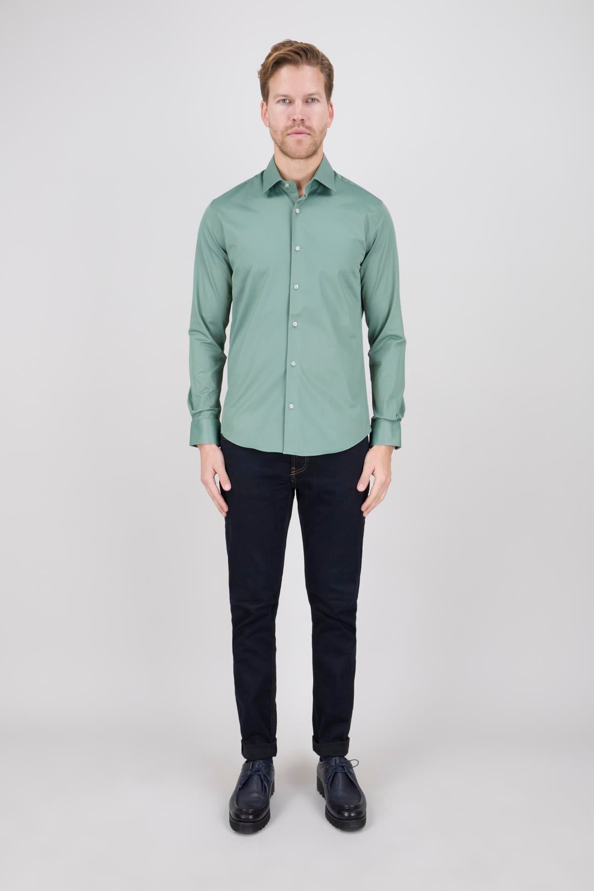 Erkek Slim Fit Uzun Kol Yeşil 6 Drop Gömlek