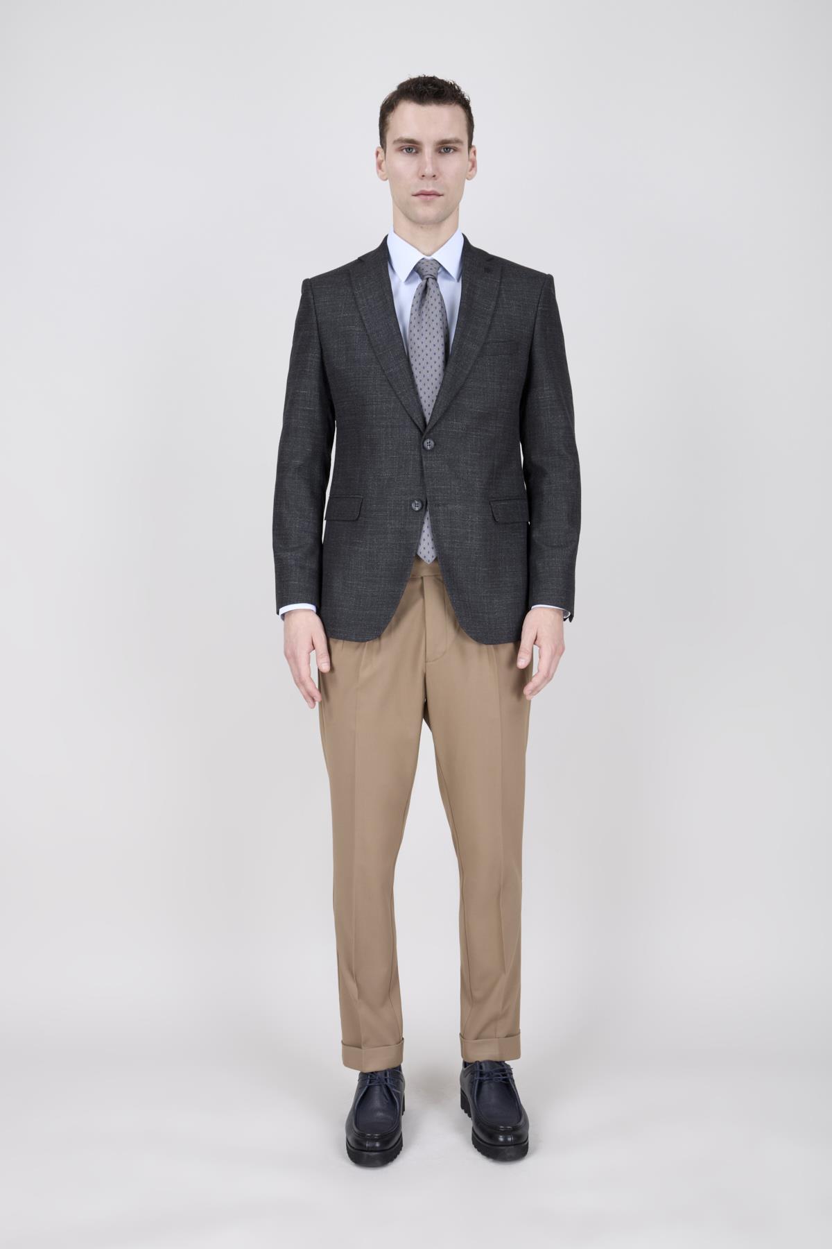 Erkek Slim Fit Mono Yaka Açık Füme Ceket