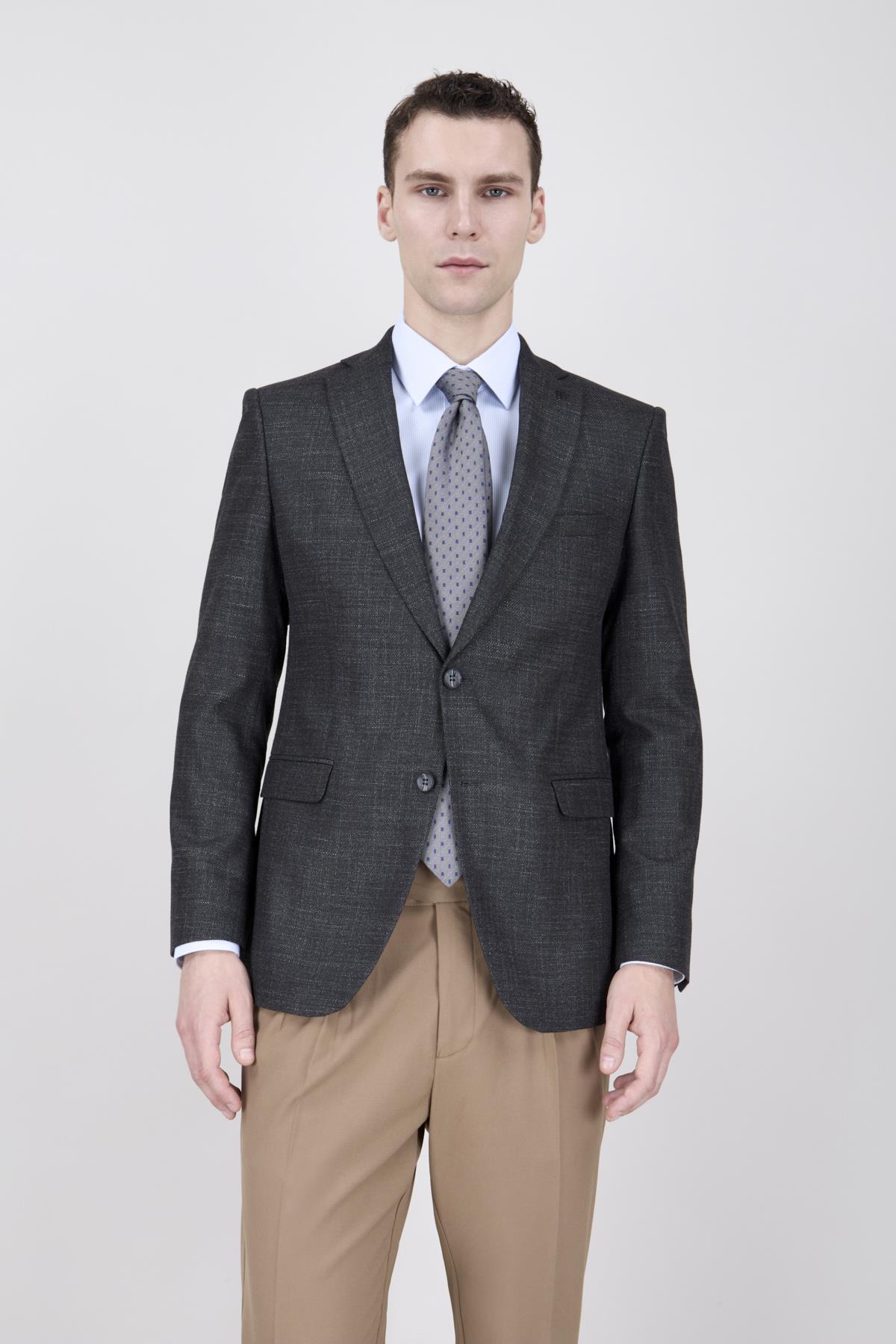 Erkek Slim Fit Mono Yaka Açık Füme Ceket