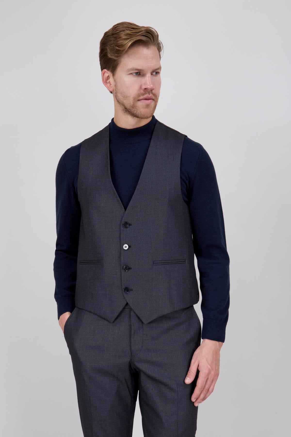 Erkek Slim Fit Sivri Yaka Füme Yelekli Takım Elbise